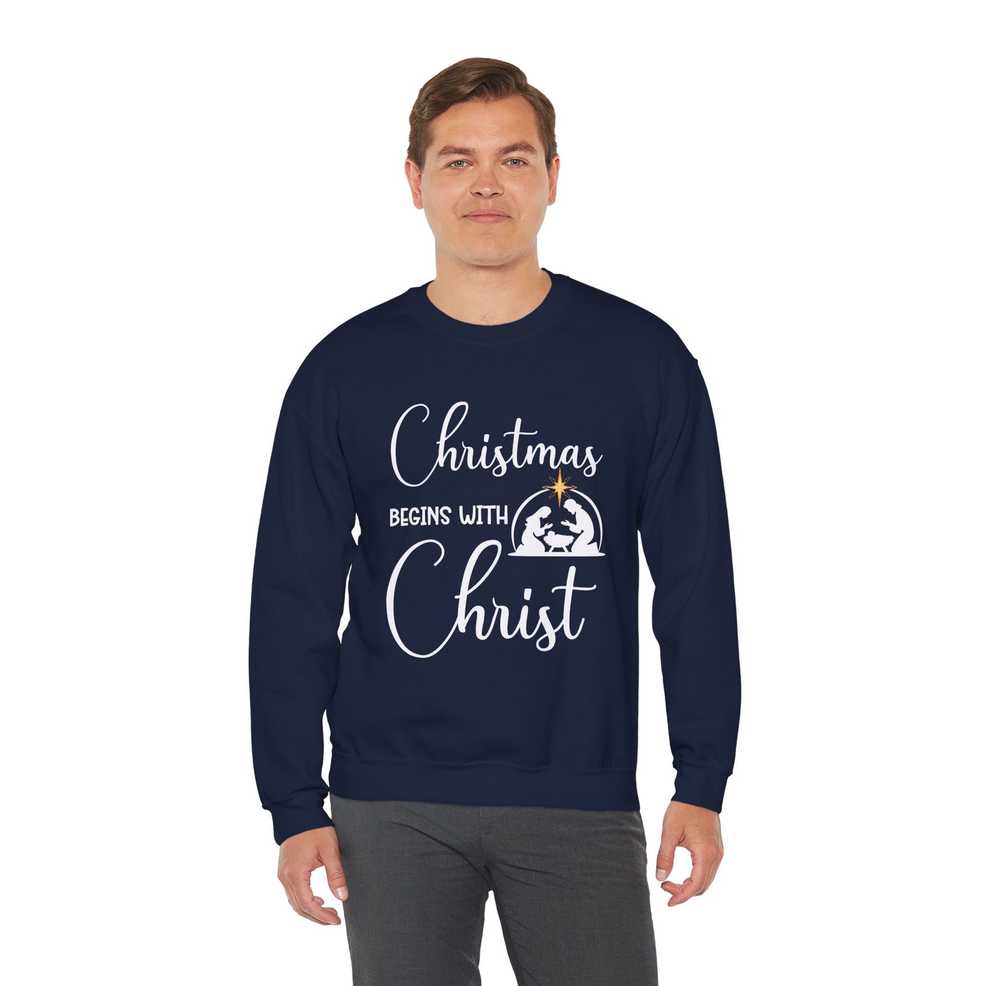 Christmas Begins with Christ Heavy Crewneck Sweatshirt (White/Gold Logo) - Sweet Baby Jeez Teez