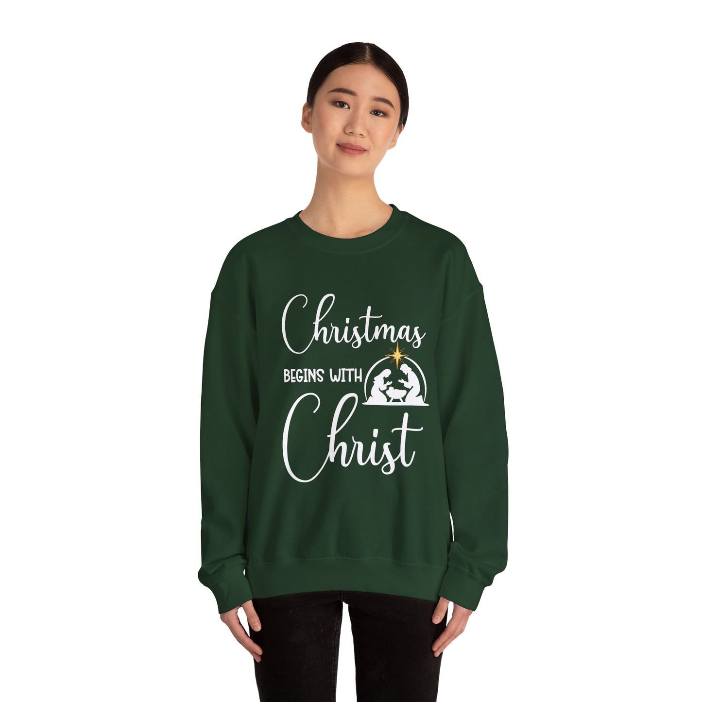 Christmas Begins with Christ Heavy Crewneck Sweatshirt (White/Gold Logo) - Sweet Baby Jeez Teez