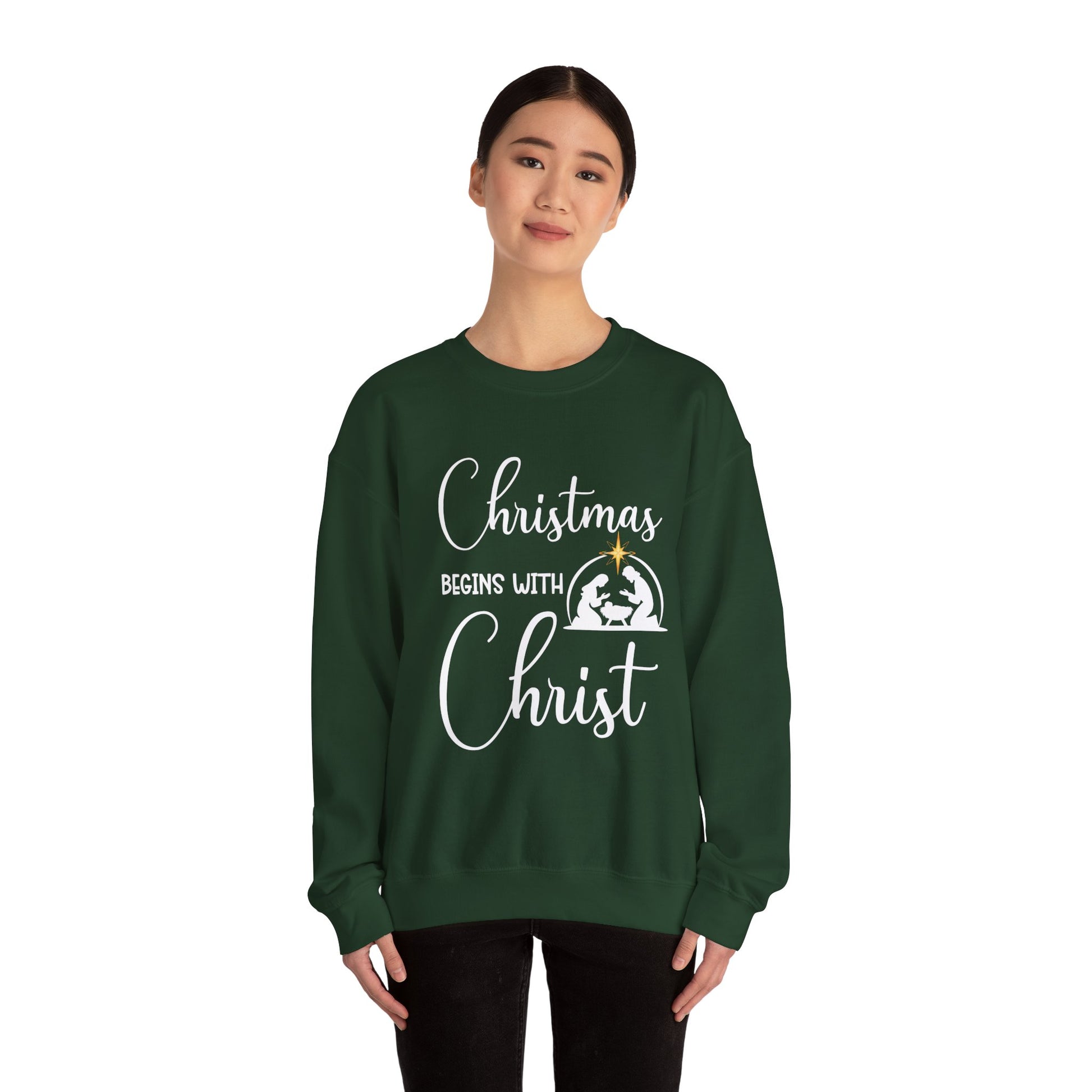 Christmas Begins with Christ Heavy Crewneck Sweatshirt (White/Gold Logo) - Sweet Baby Jeez Teez