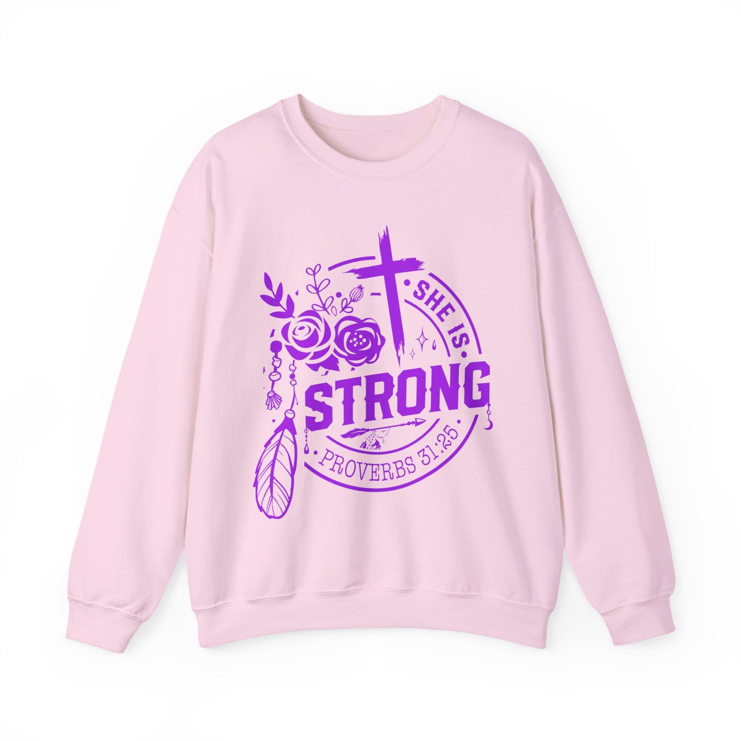 "She is Strong" Proverbs 31:25 Bible Verse Women's Sweatshirt (Hot Pink Logo)