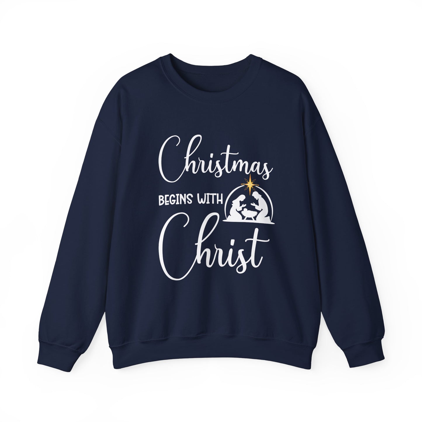 Christmas Begins with Christ Heavy Crewneck Sweatshirt (White/Gold Logo) - Sweet Baby Jeez Teez
