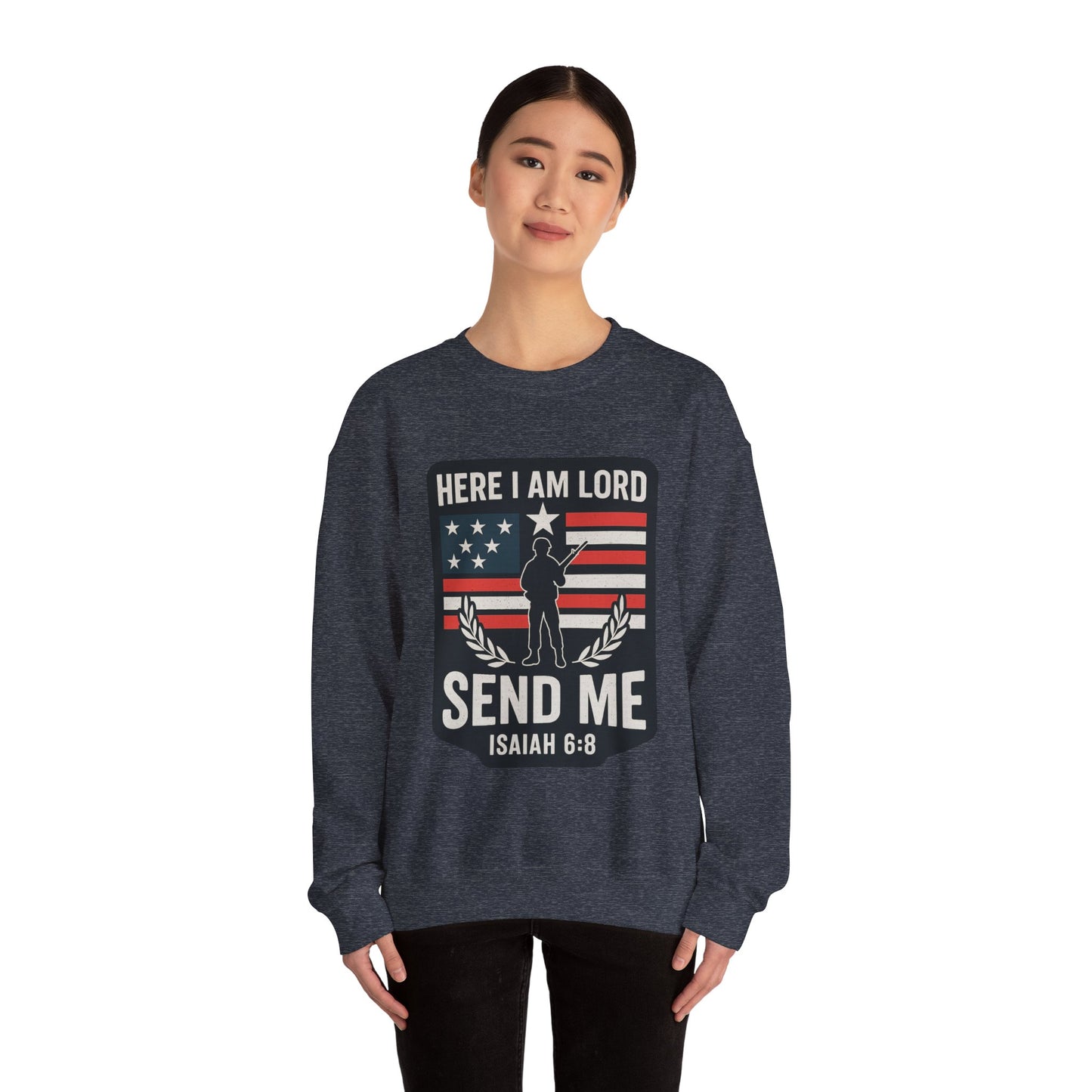 "Here I Am Lord" Isaiah 6:8 Bible Verse Christian Sweatshirt (Soldier Logo)