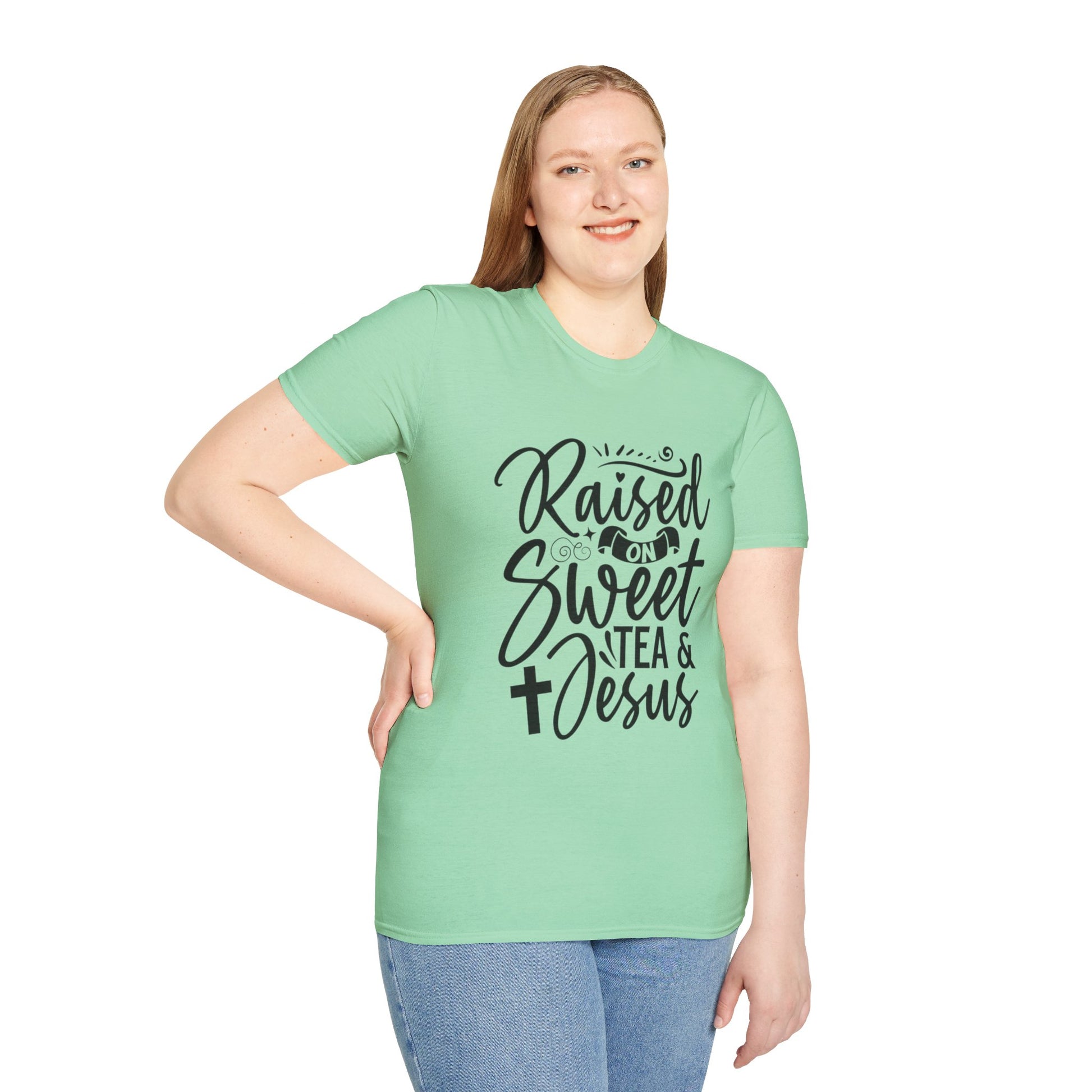 Sweet Tea and Jesus Women's Relaxed/Plus Tshirt (Black Logo) - Sweet Baby Jeez Teez