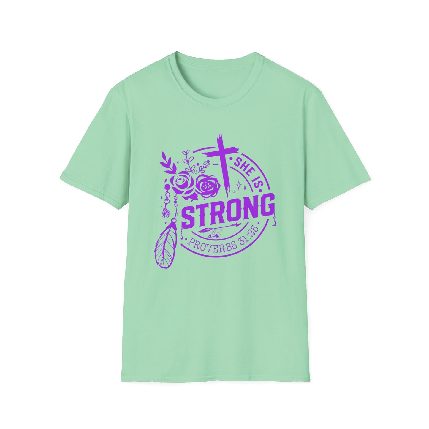 "She is Strong" Proverbs 31:25 Bible Verse Relaxed Tshirt (Hot Pink Logo)