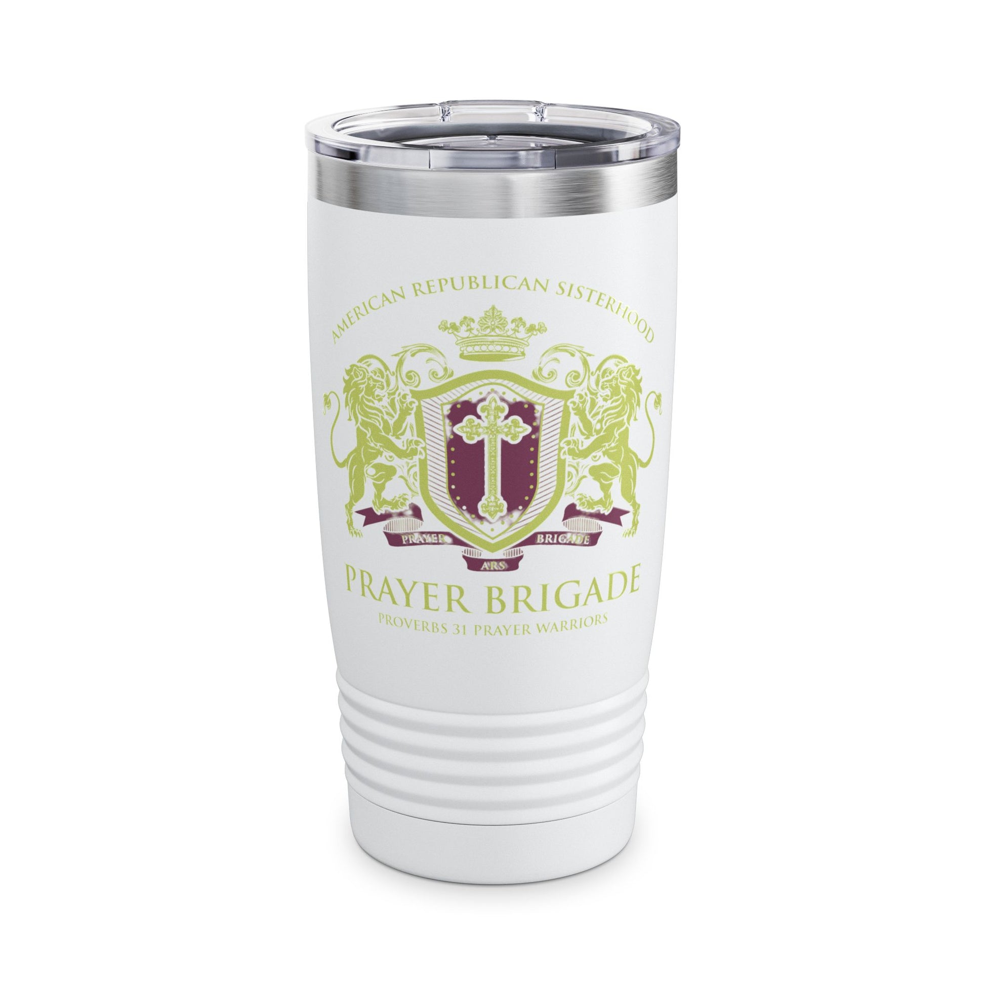 ARS Prayer Brigade Tumbler  (20oz - White with Green/Purple Logo) - Sweet Baby Jeez Teez
