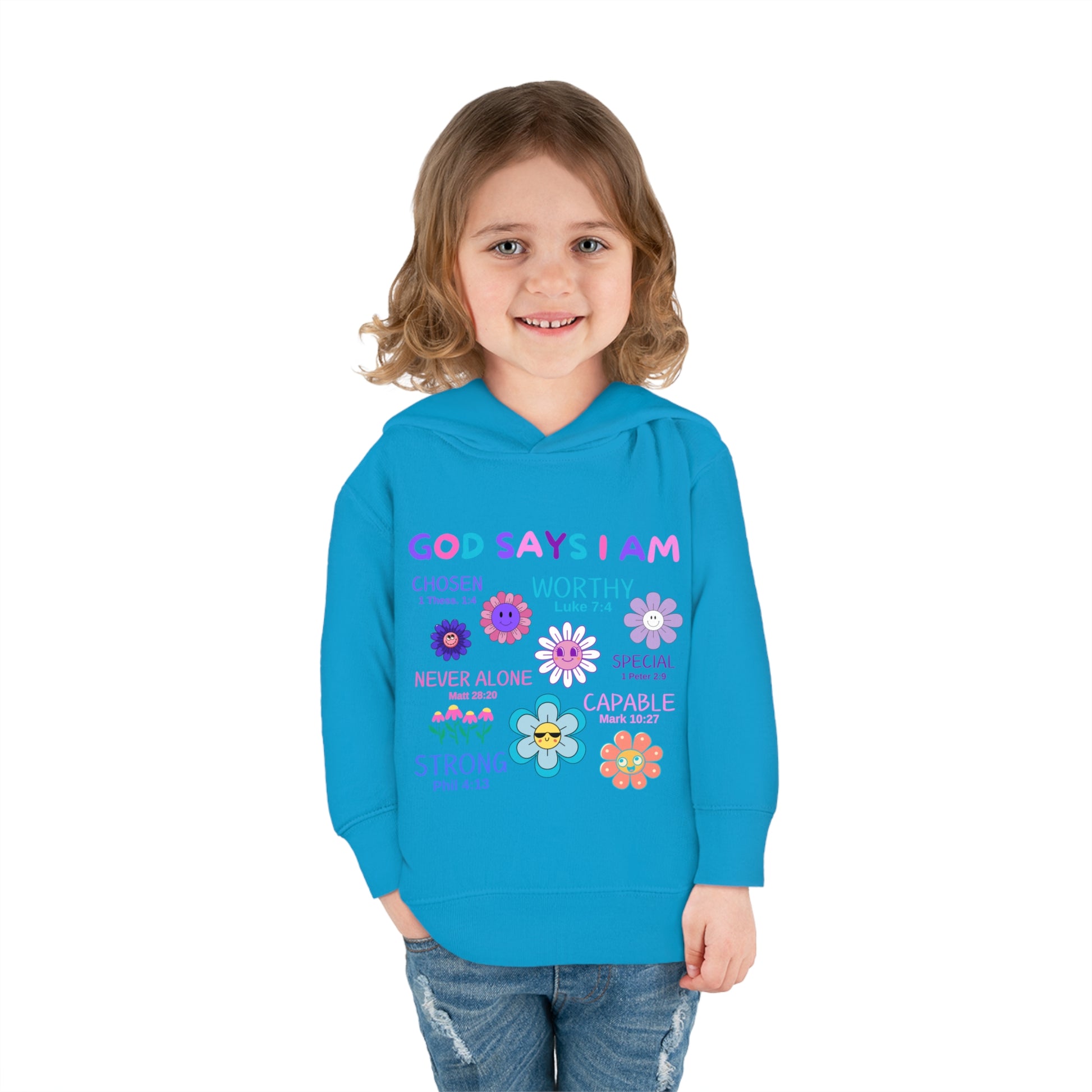 God Says I Am Toddler Fleece Hoodie (Flower Logo) - Sweet Baby Jeez Teez