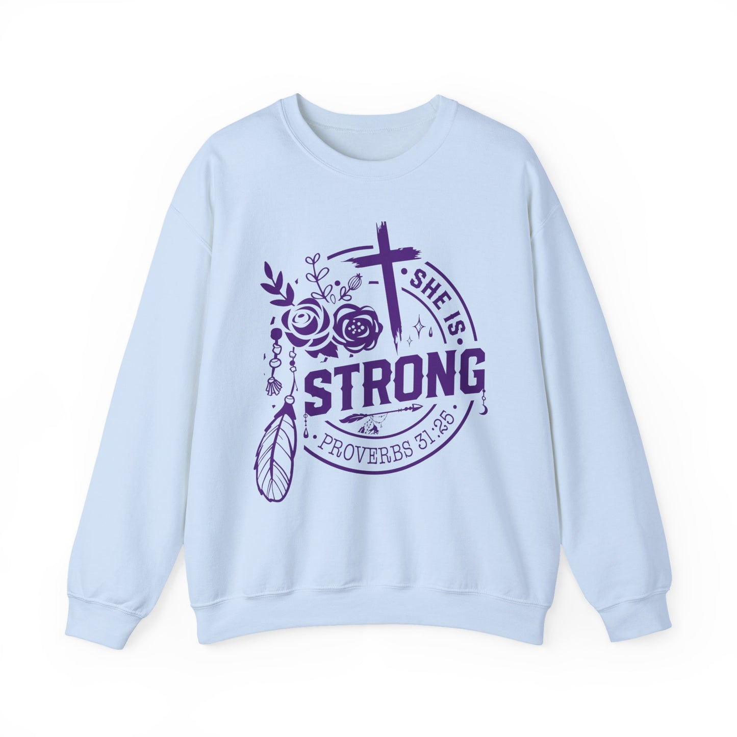 "She is Strong" Proverbs 31:25 Bible Verse Women's Sweatshirt (Plum Logo)
