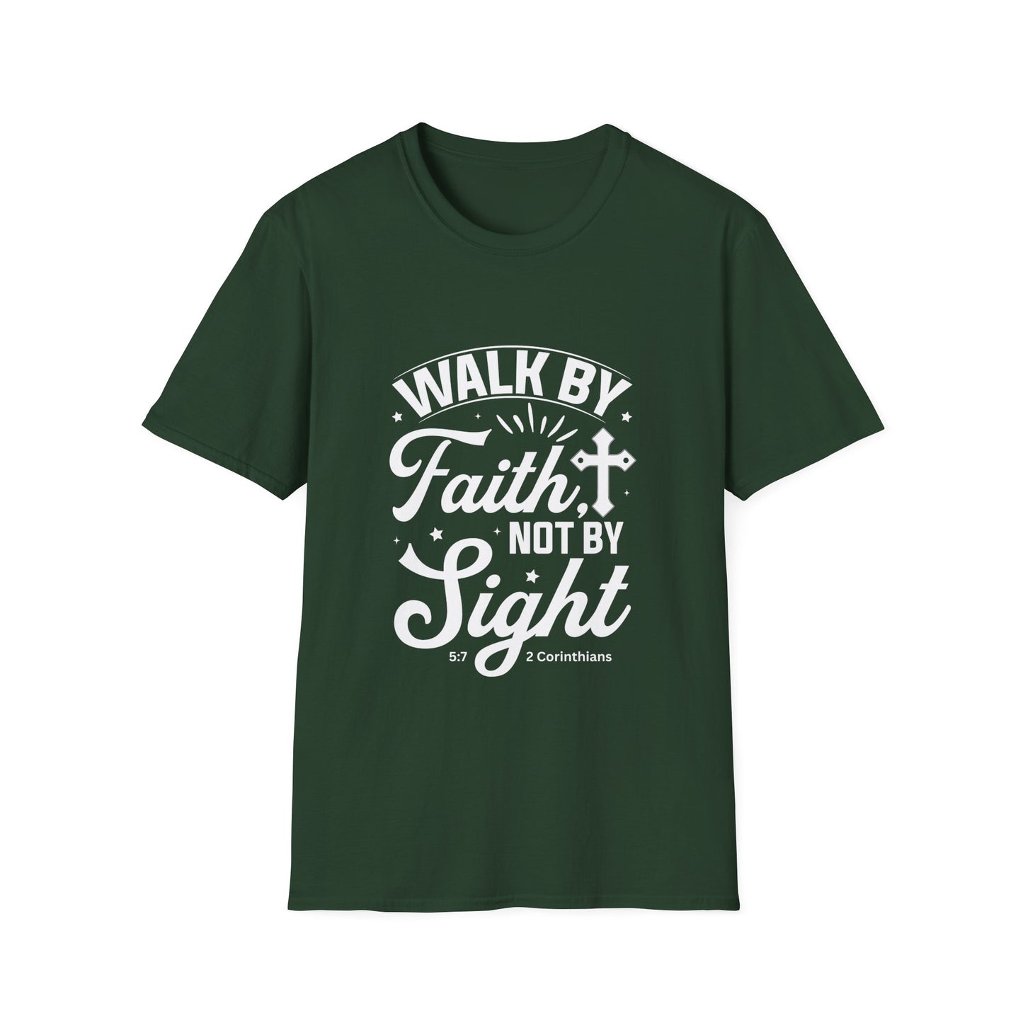 Walk by Faith 2 Corinth. 5:7 Bible Verse Christian Softstyle Tshirt (White Logo)