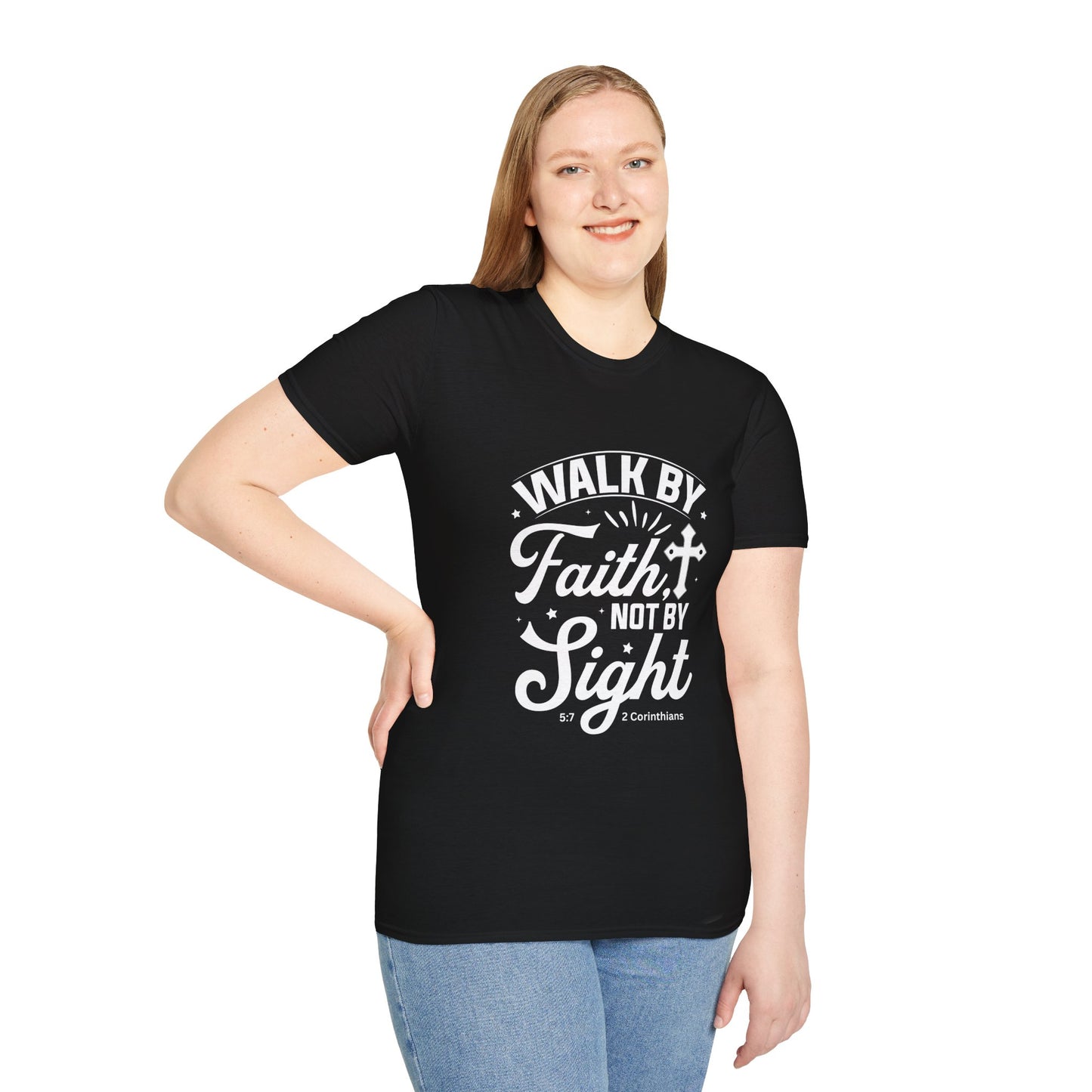 Walk by Faith 2 Corinth. 5:7 Bible Verse Christian Softstyle Tshirt (White Logo)