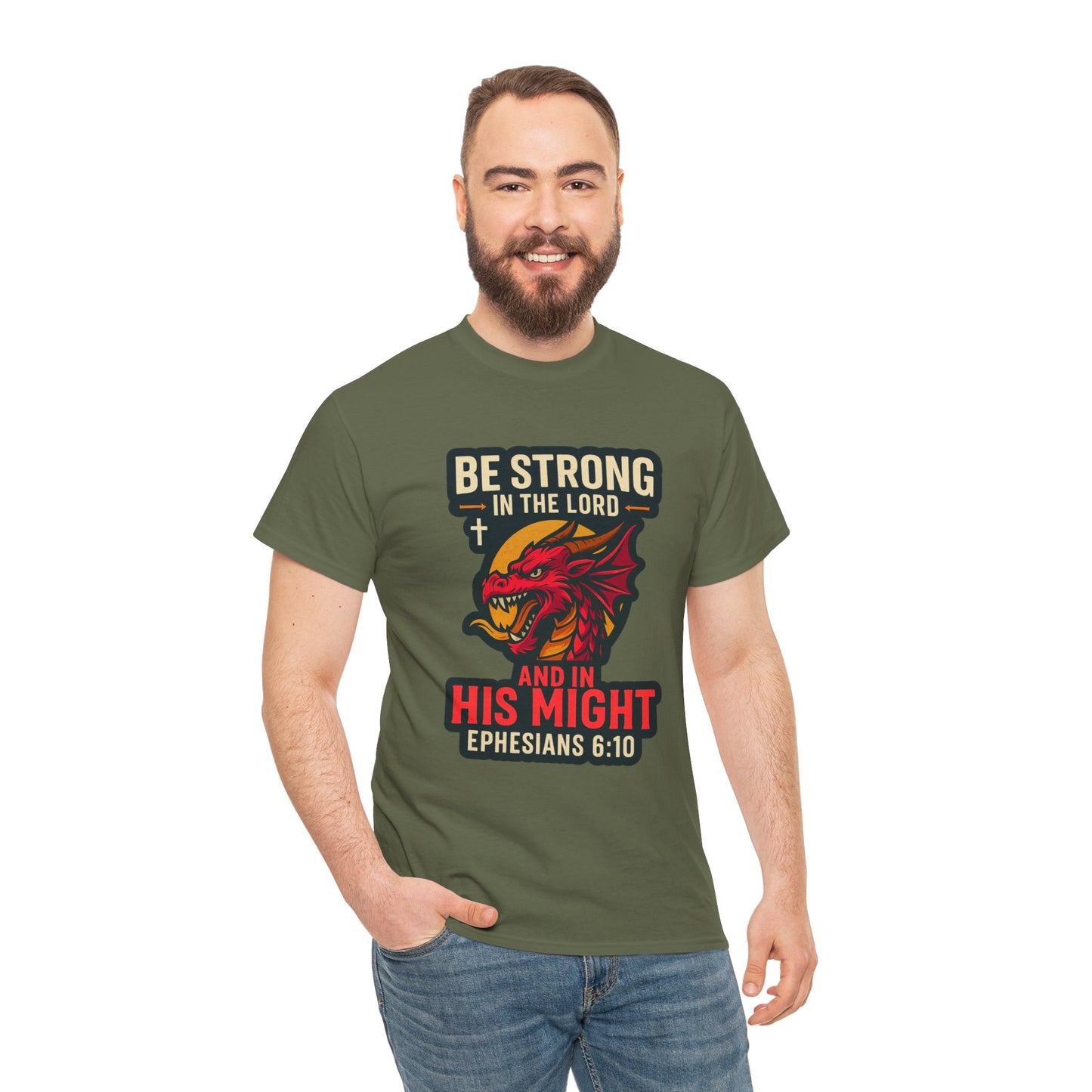 "Be Strong" Bible Verse Dragon Heavy Cotton Tshirt