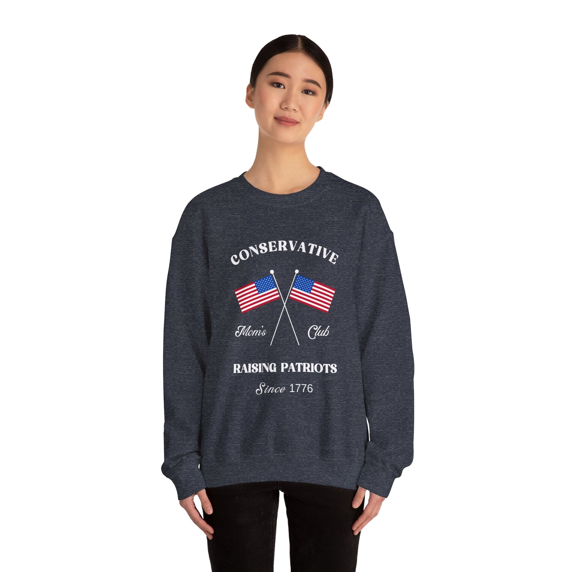 Conservative Mom's Club Crewneck Sweatshirt - Raising Patriots Since 1776 (White Logo) - Sweet Baby Jeez Teez