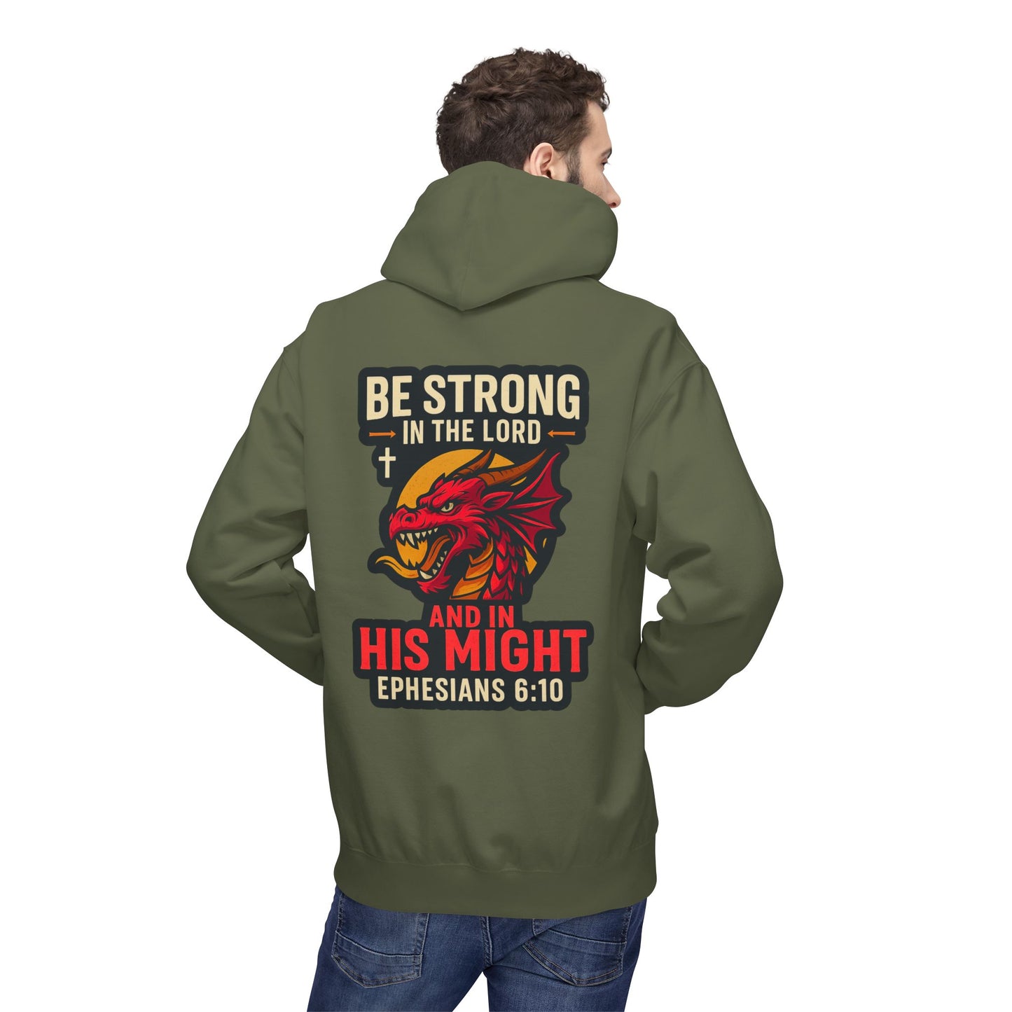 "Be Strong" Bible Verse Dragon Fleece Hoodie (Back Logo)