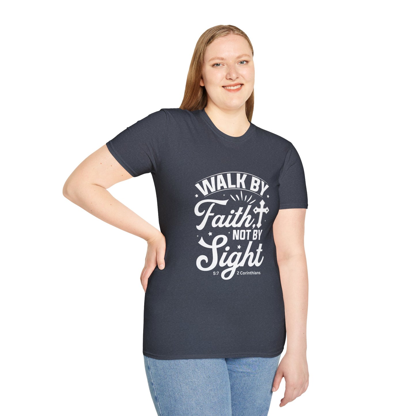 Walk by Faith 2 Corinth. 5:7 Bible Verse Christian Softstyle Tshirt (White Logo)