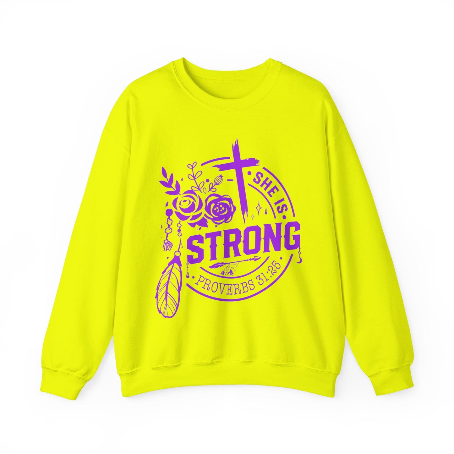 "She is Strong" Proverbs 31:25 Bible Verse Women's Sweatshirt (Hot Pink Logo)
