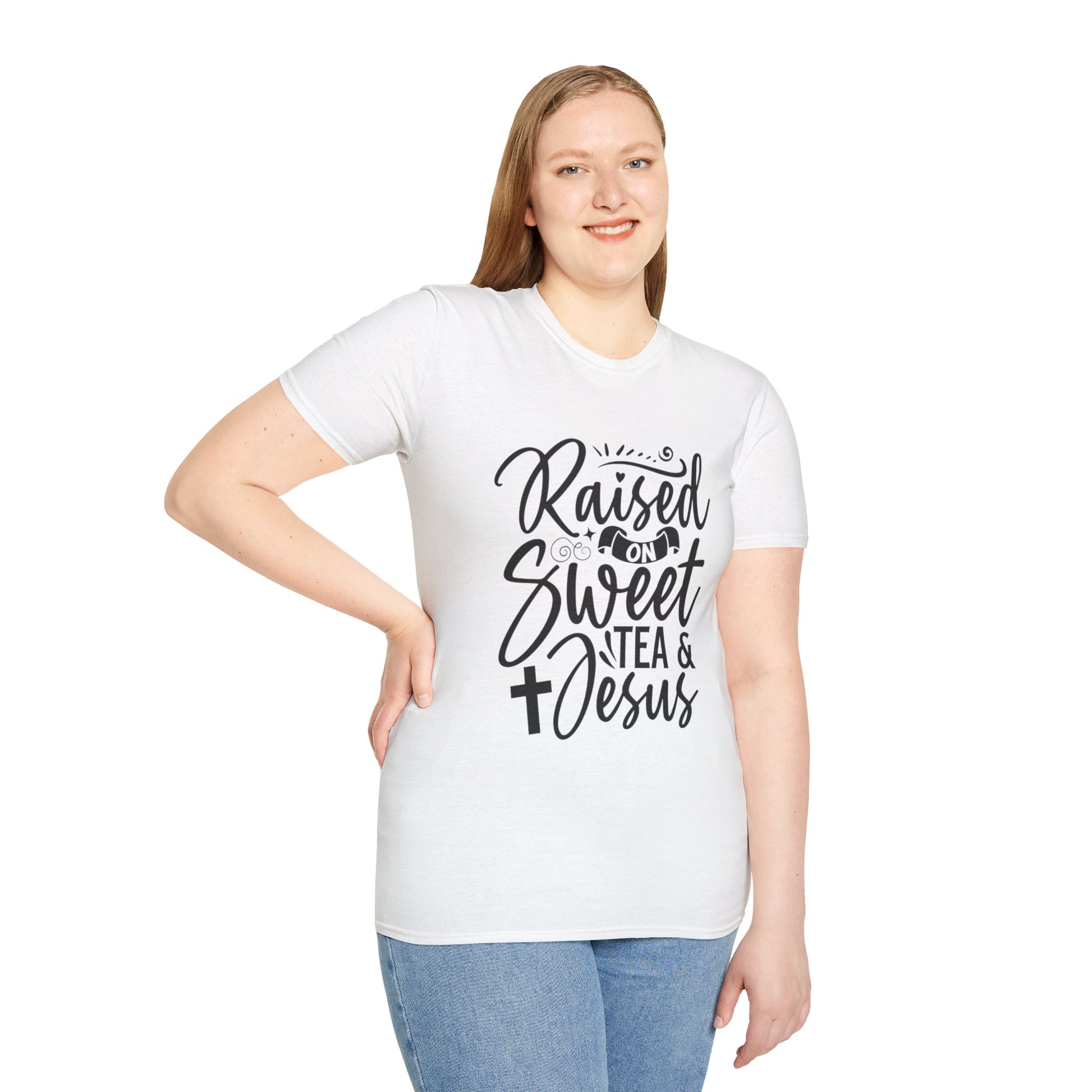 Sweet Tea and Jesus Women's Relaxed/Plus Tshirt (Black Logo) - Sweet Baby Jeez Teez