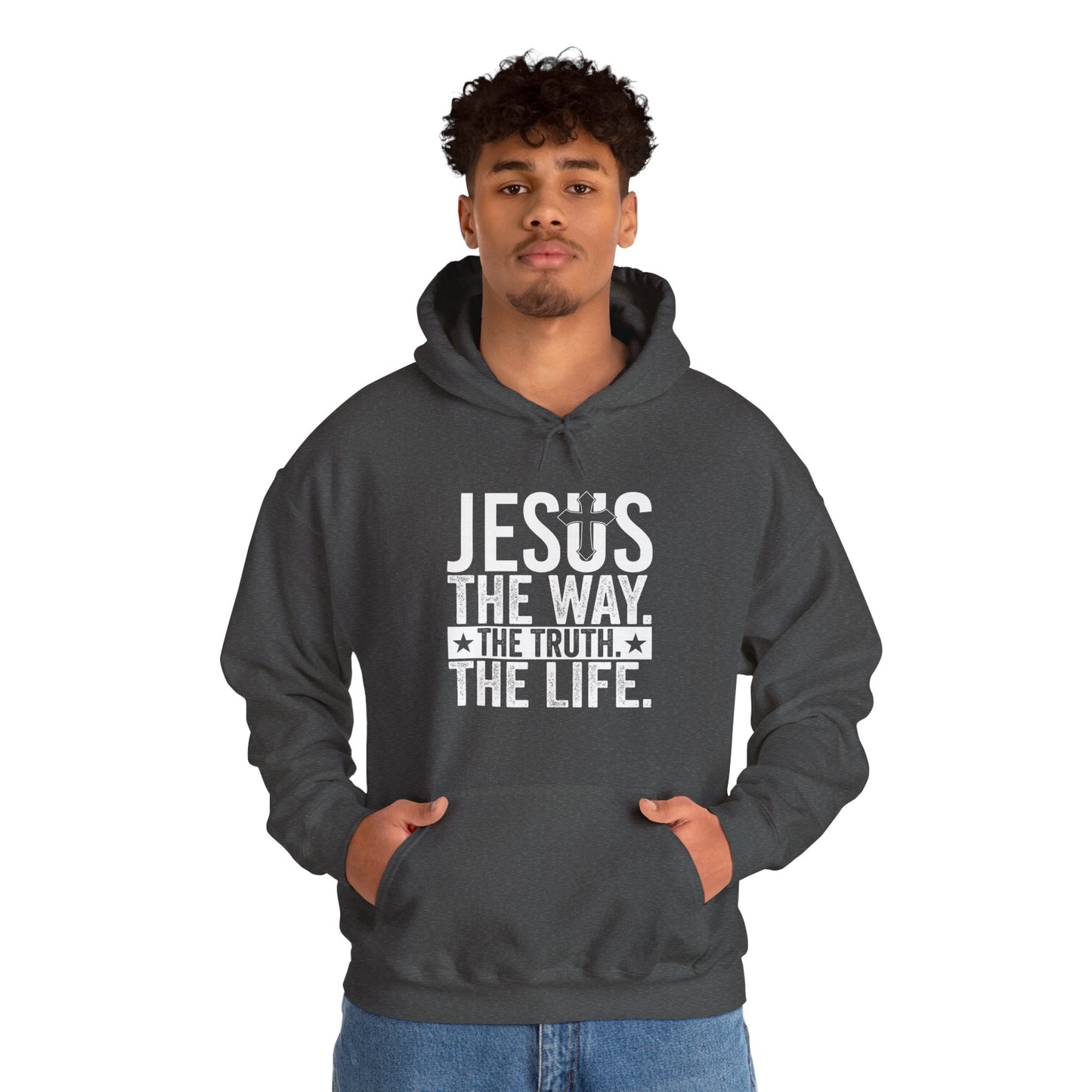 "Jesus The Way, The Truth, The Life" Heavy Fleece Unisex Hoodie (White Logo)