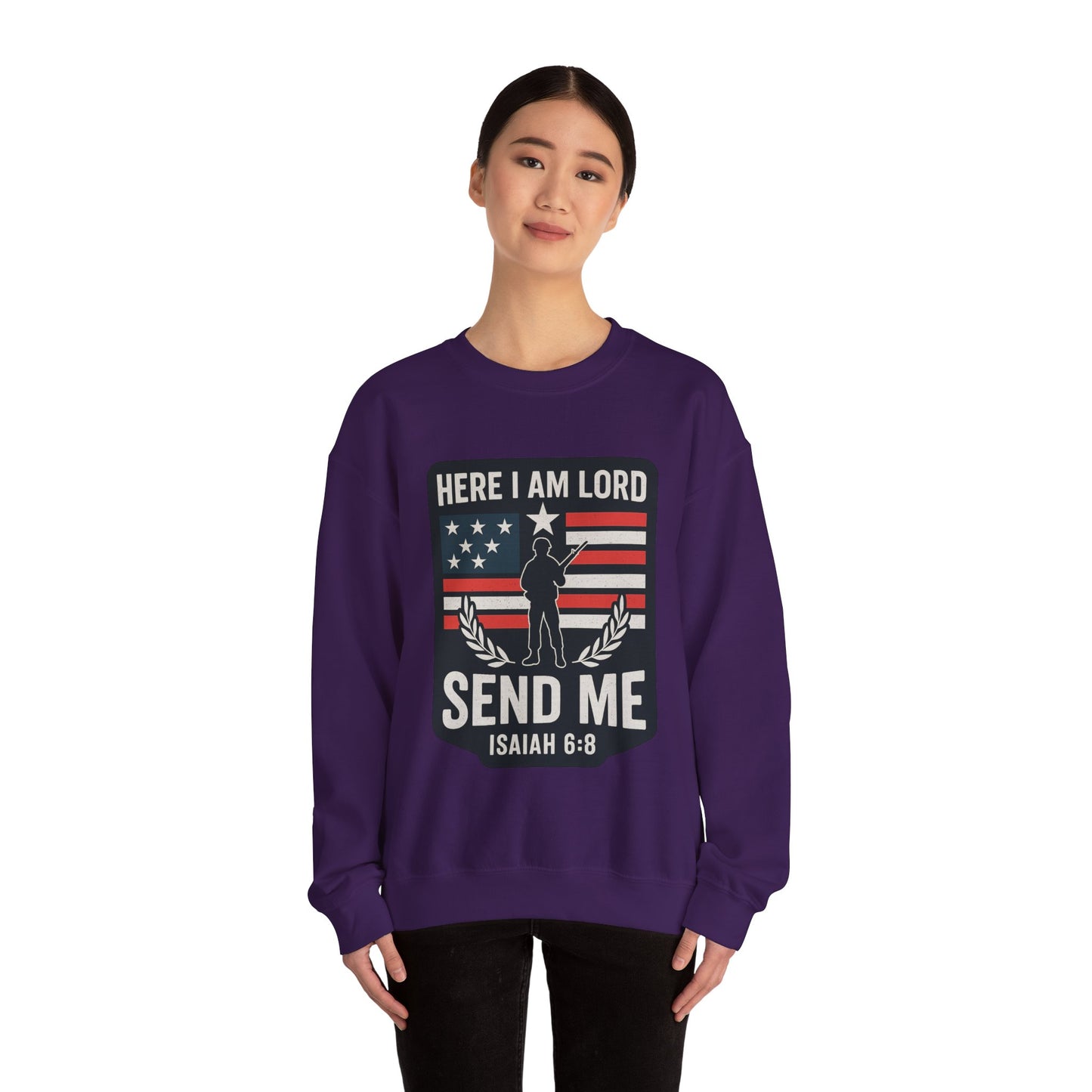 "Here I Am Lord" Isaiah 6:8 Bible Verse Christian Sweatshirt (Soldier Logo)