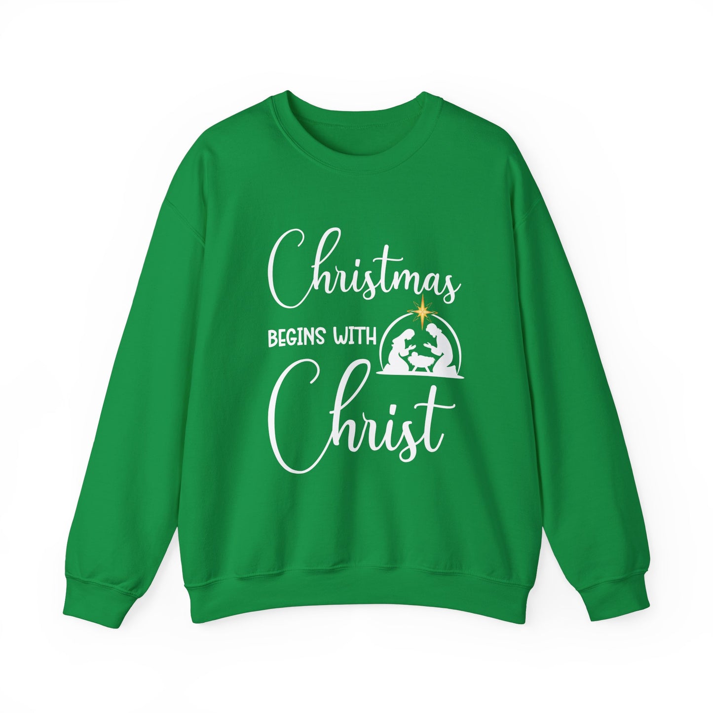 Christmas Begins with Christ Heavy Crewneck Sweatshirt (White/Gold Logo) - Sweet Baby Jeez Teez