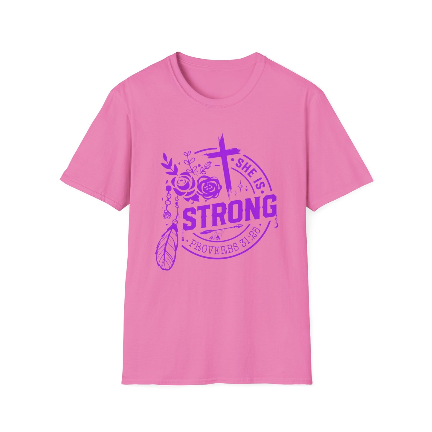 "She is Strong" Proverbs 31:25 Bible Verse Relaxed Tshirt (Hot Pink Logo)
