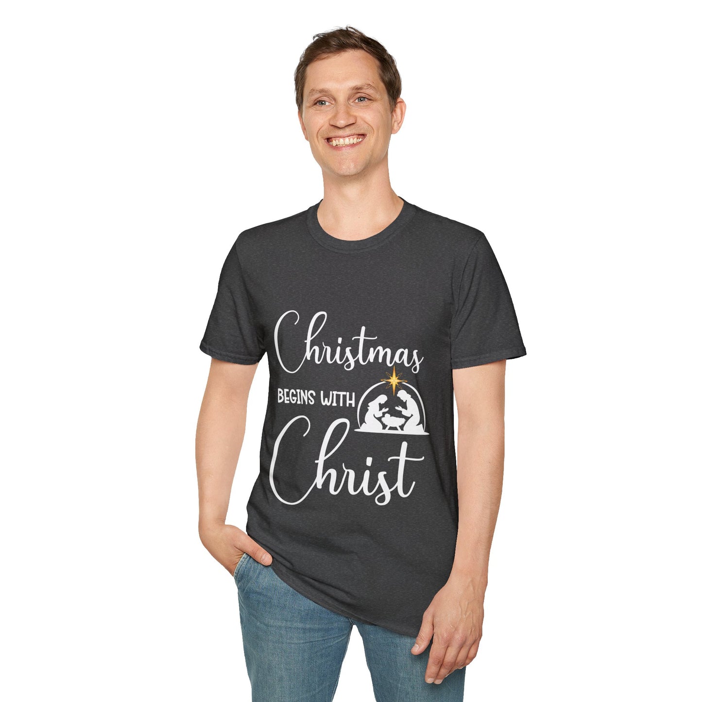 Christmas Begins with Christ Men's Tshirt (White/Gold Logo)