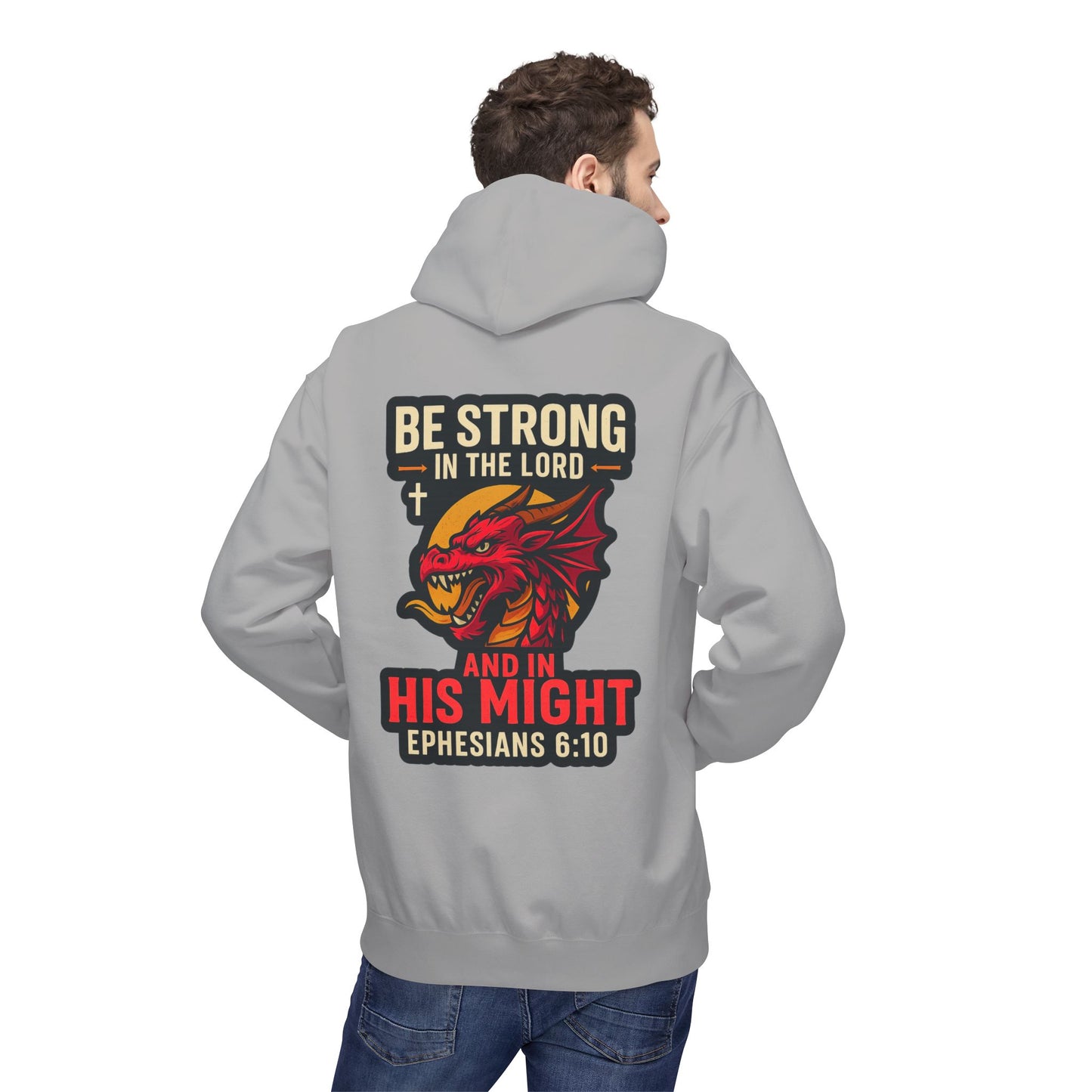 "Be Strong" Bible Verse Dragon Fleece Hoodie (Back Logo)