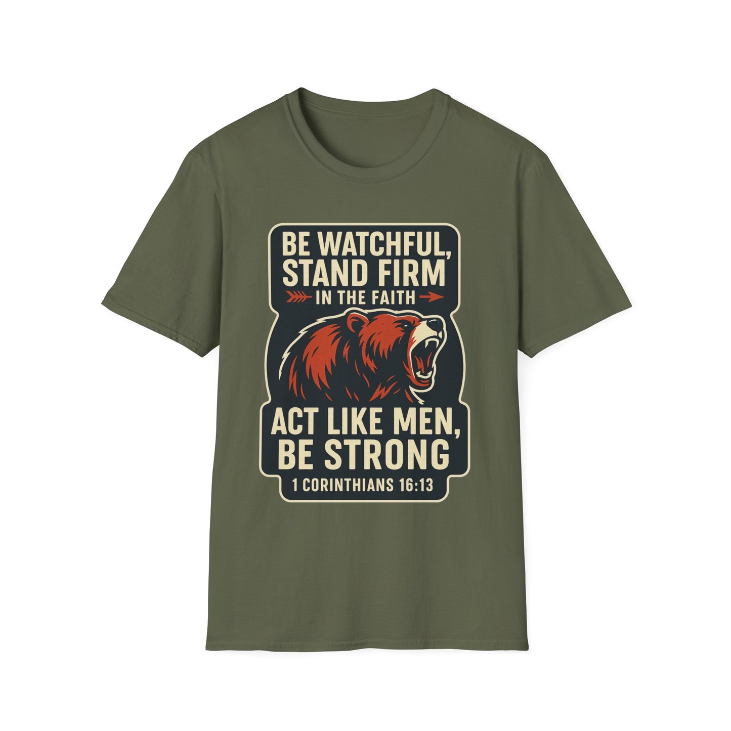 "Stand Firm in Faith" Bear Bible Verse Softstyle Tshirt
