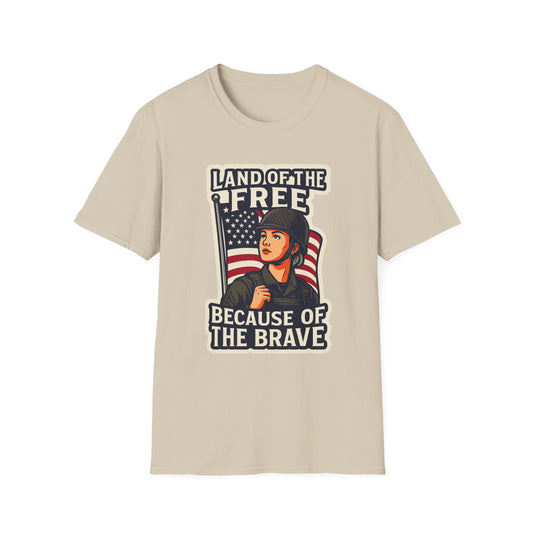 "Land of the Free because of the Brave" Patriotic Softstyle T-Shirt (Female Soldier)