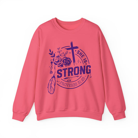 "She is Strong" Proverbs 31:25 Bible Verse Women's Sweatshirt (Plum Logo)