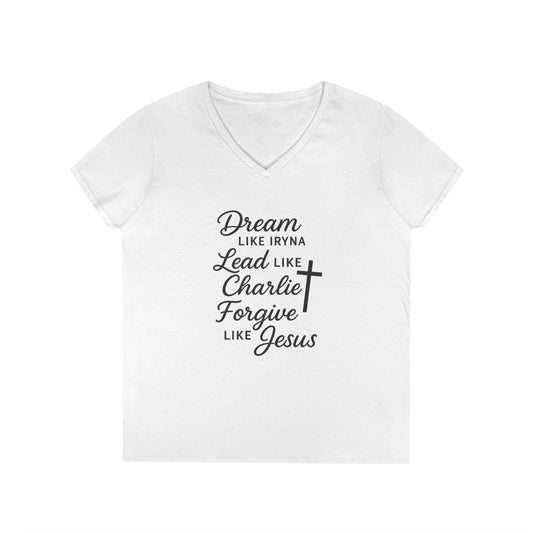 Dream, Lead, Forgive Women's V-neck Semi-Fitted Tshirt (Black Logo)