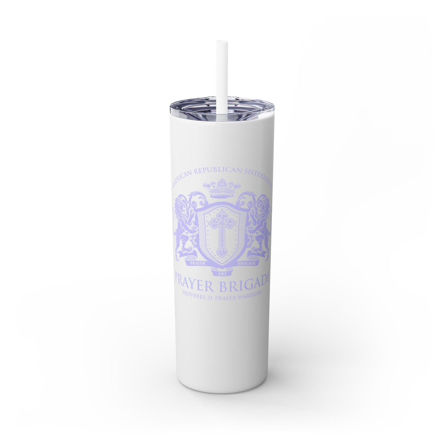 ARS Prayer Brigade Skinny Tumbler with Straw (20oz Glitter Pink with Lilac Logo) - Sweet Baby Jeez Teez