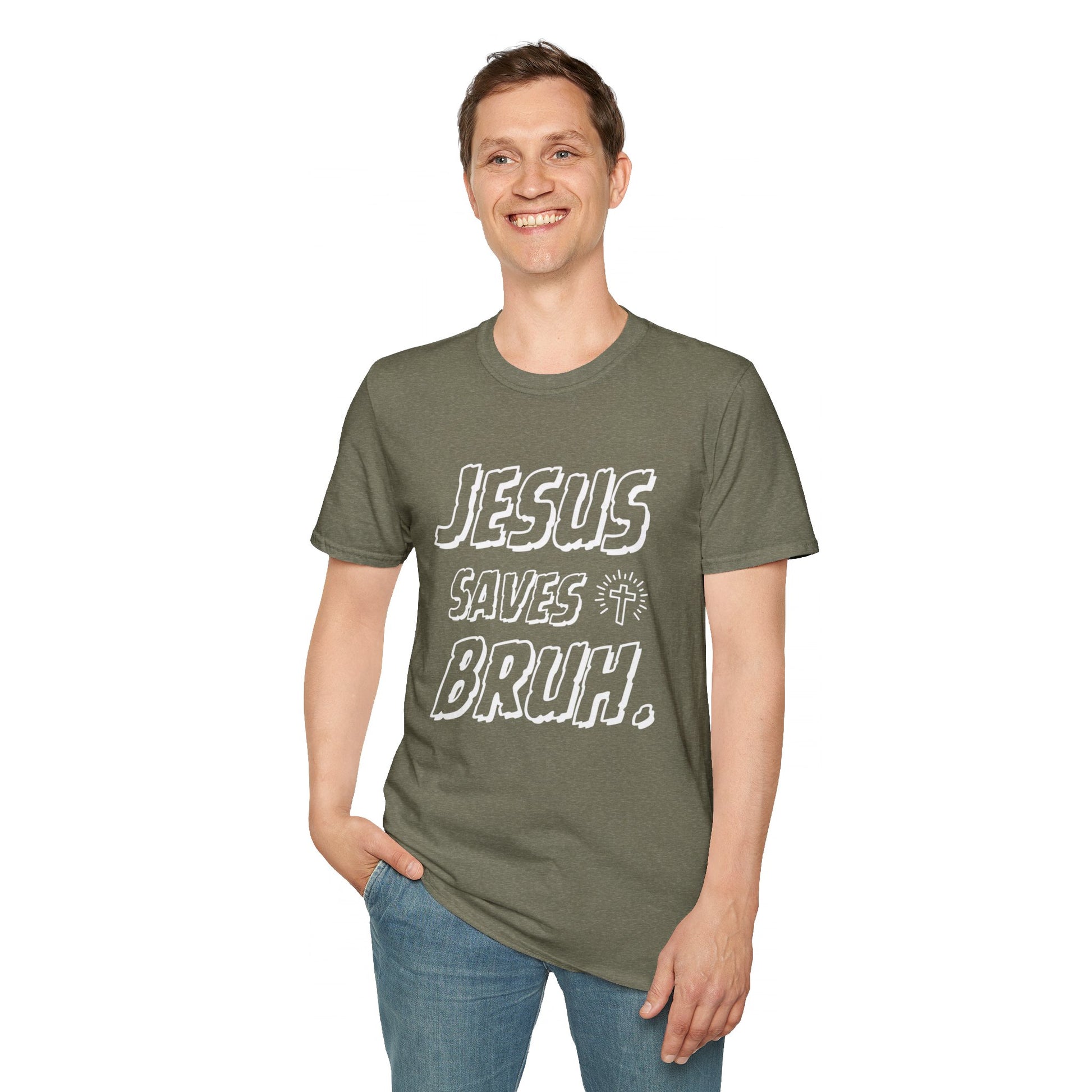 Jesus Saves Bruh Men's Tshirt (White Logo) - Sweet Baby Jeez Teez