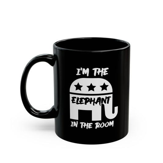Elephant in Room Black Mug (White Logo) - Sweet Baby Jeez Teez