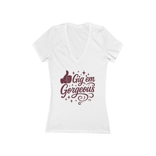 Gig 'em Gorgeous Women's Deep V-Neck Tshirt (Fitted Low Cut) - Sweet Baby Jeez Teez