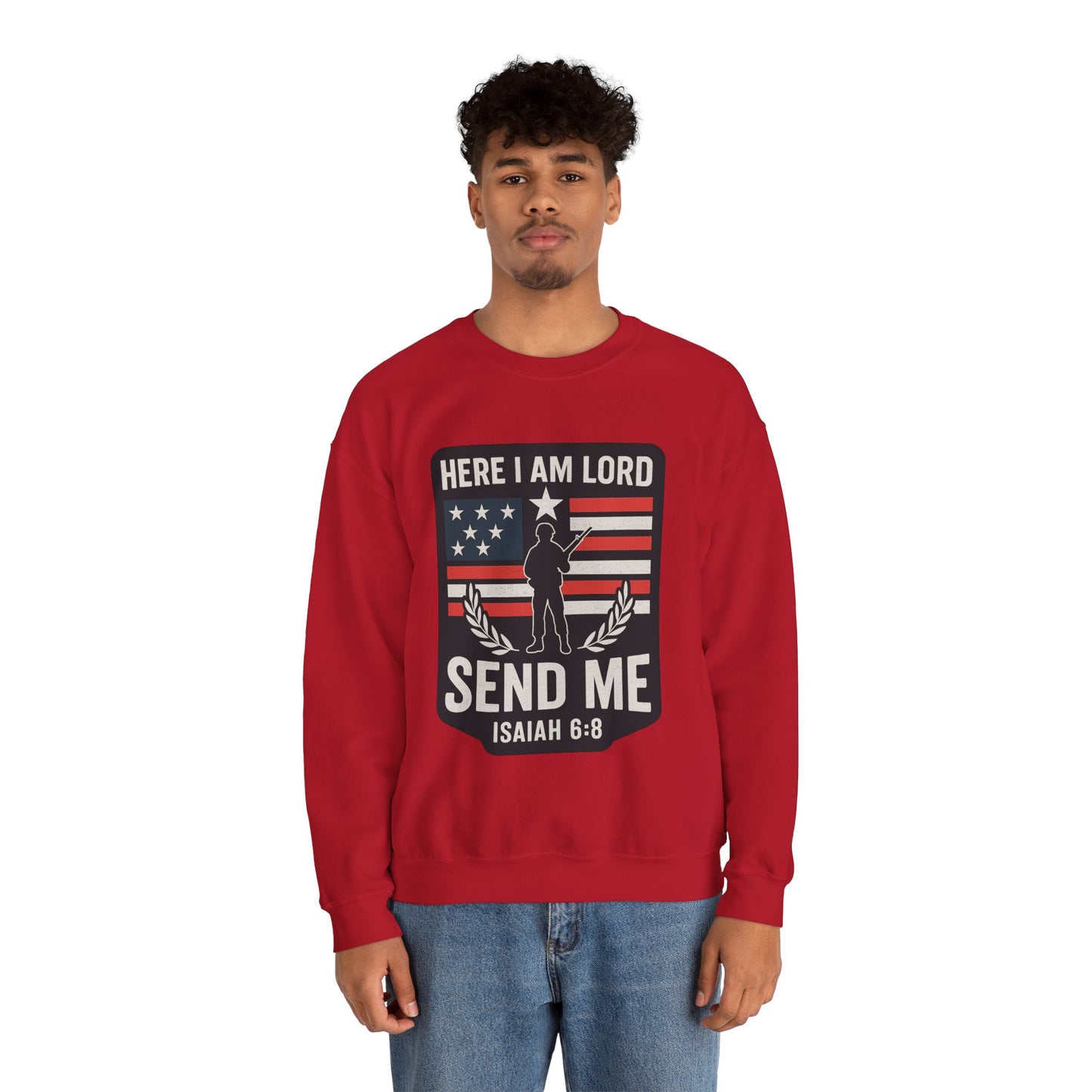"Here I Am Lord" Isaiah 6:8 Bible Verse Christian Sweatshirt (Soldier Logo)