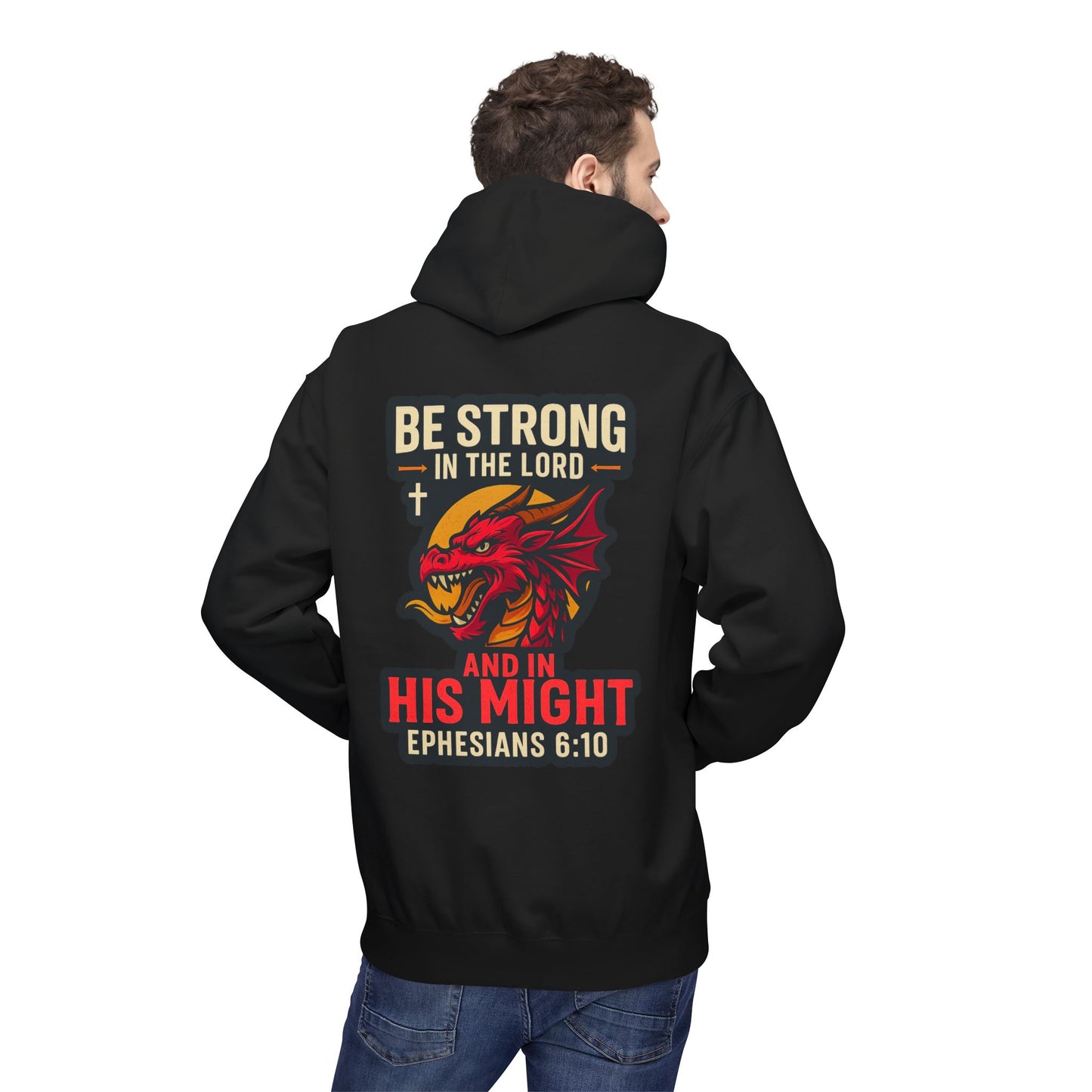 "Be Strong" Bible Verse Dragon Fleece Hoodie (Back Logo)