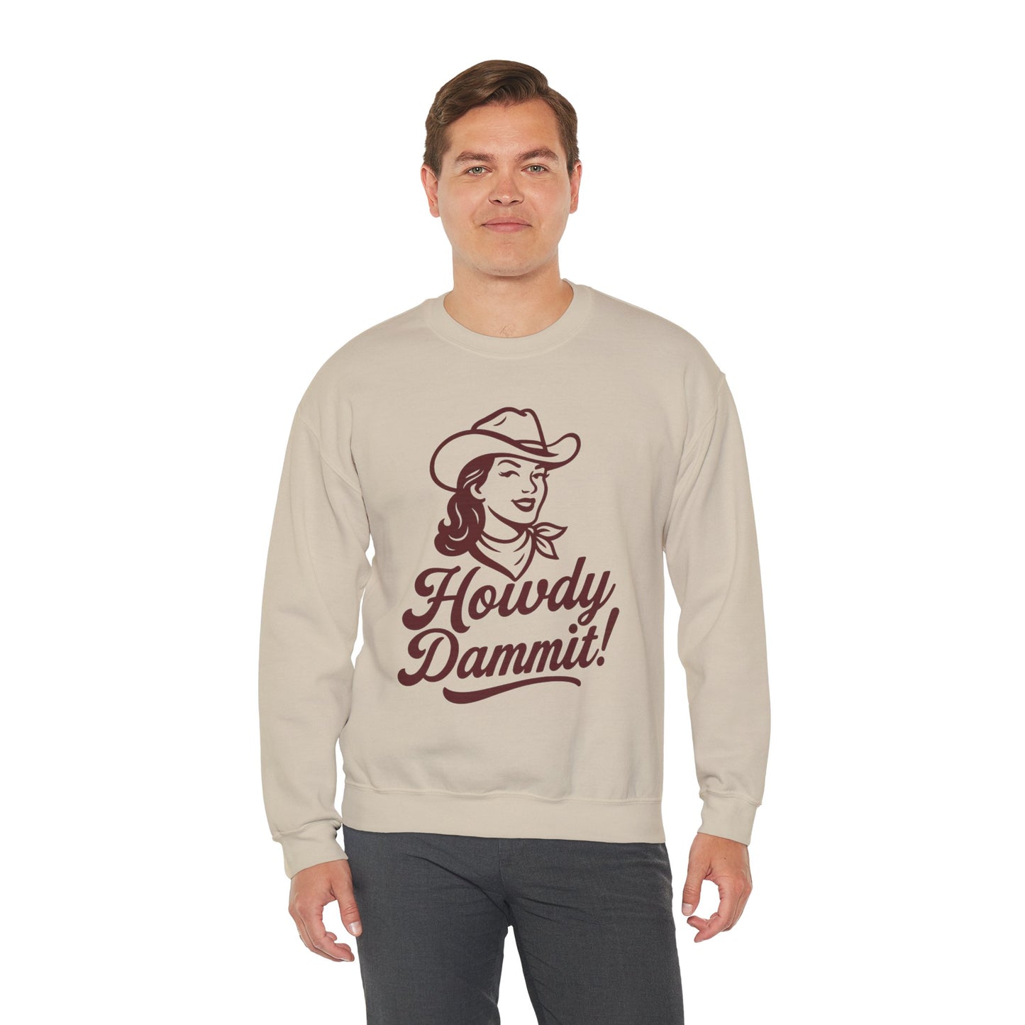 Howdy Dammit! Aggie Texas Cowgirl Cozy Unisex Sweatshirt (Maroon Logo)