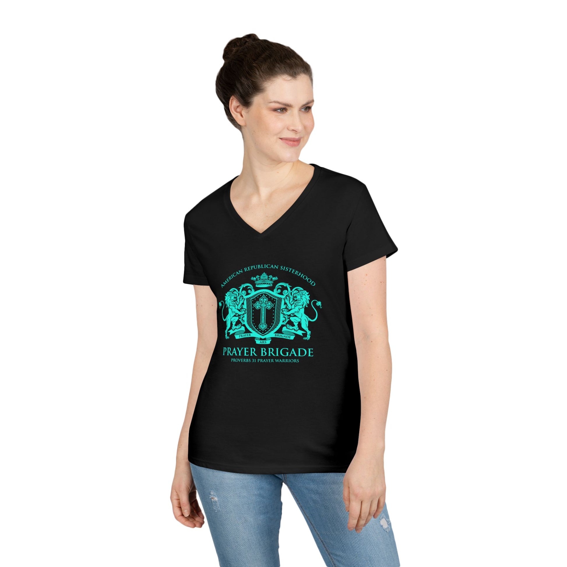 ARS Prayer Brigade Ladies' V-Neck T-Shirt (Purple with Aqua Logo) - Sweet Baby Jeez Teez