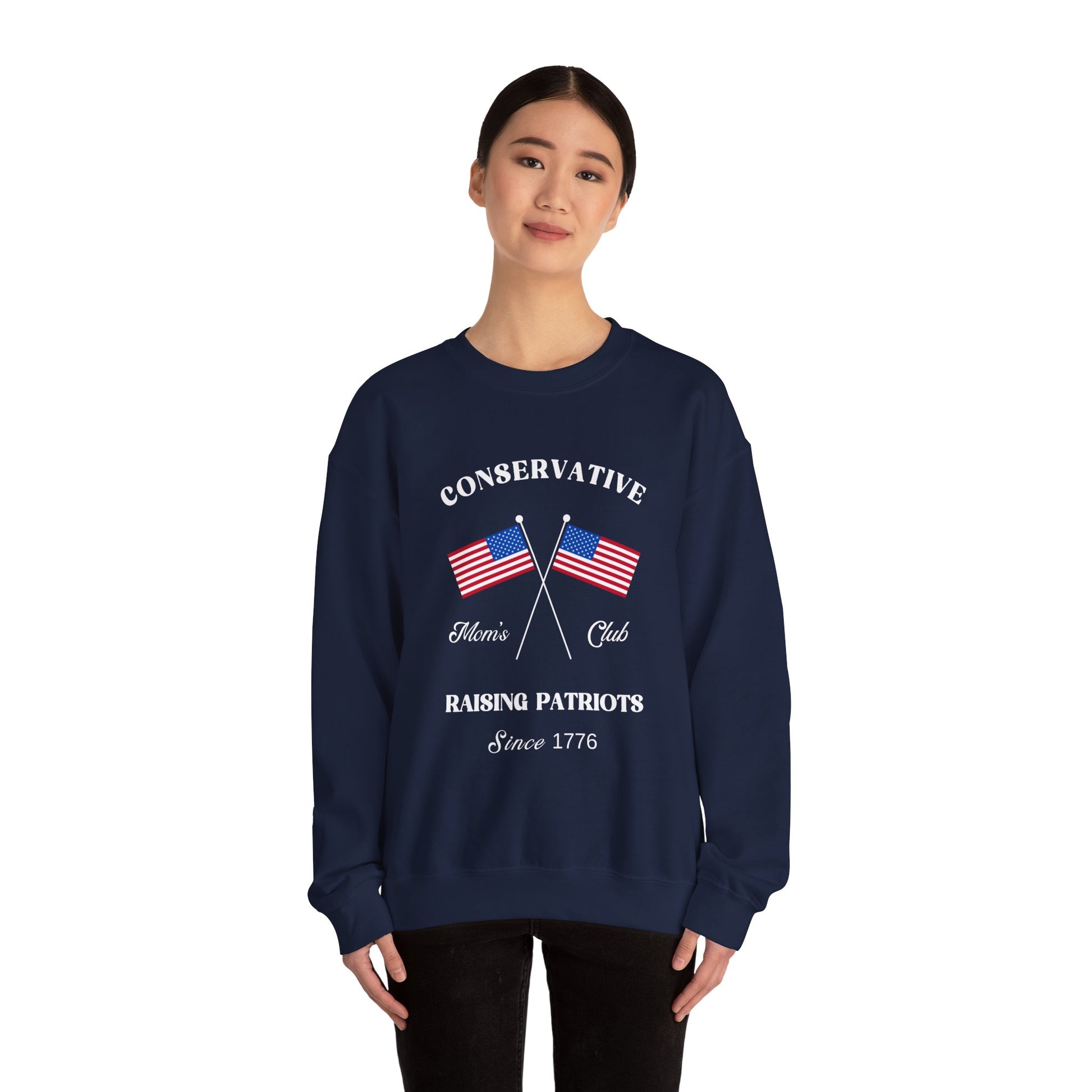 Conservative Mom's Club Crewneck Sweatshirt - Raising Patriots Since 1776 (White Logo) - Sweet Baby Jeez Teez