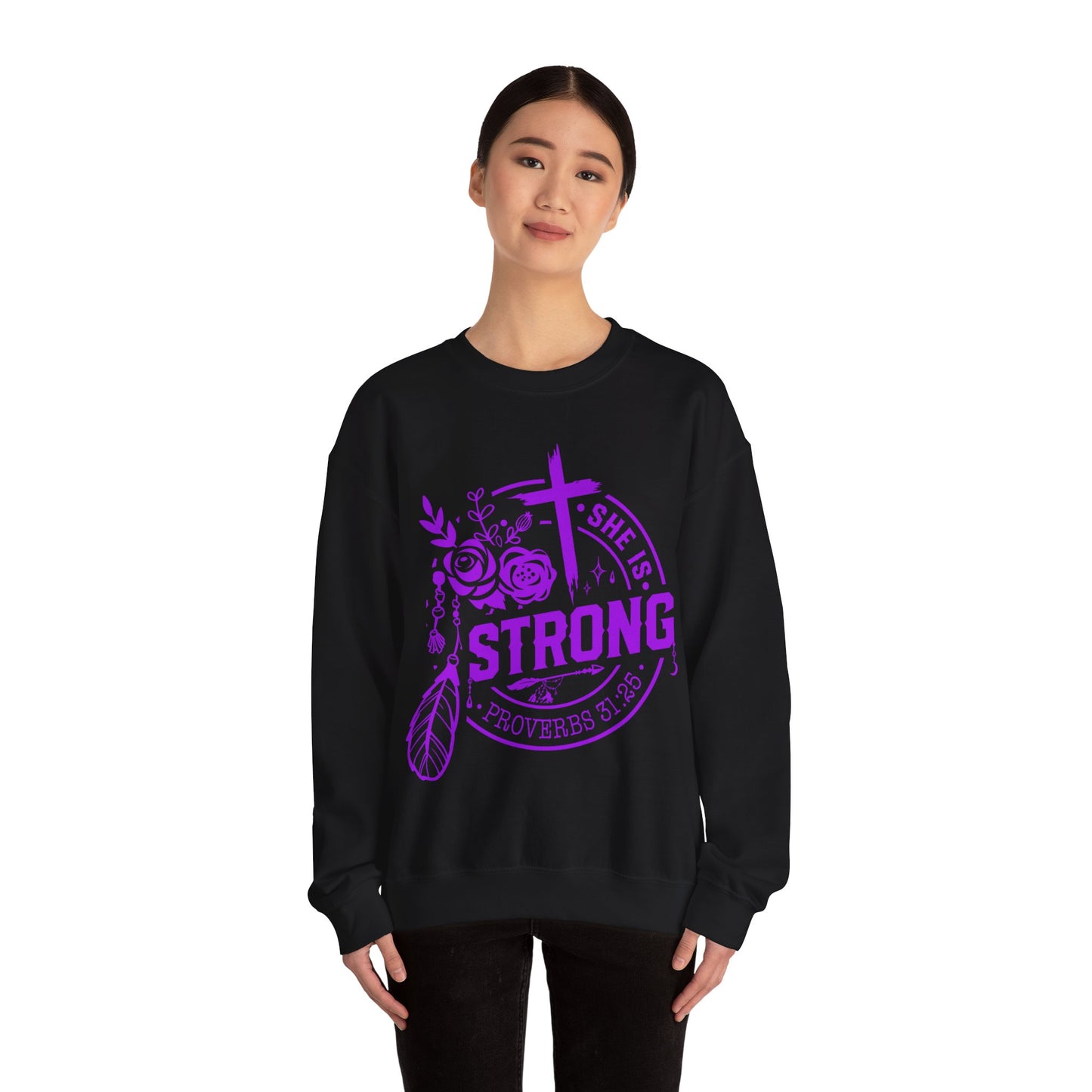 "She is Strong" Proverbs 31:25 Bible Verse Women's Sweatshirt (Hot Pink Logo)