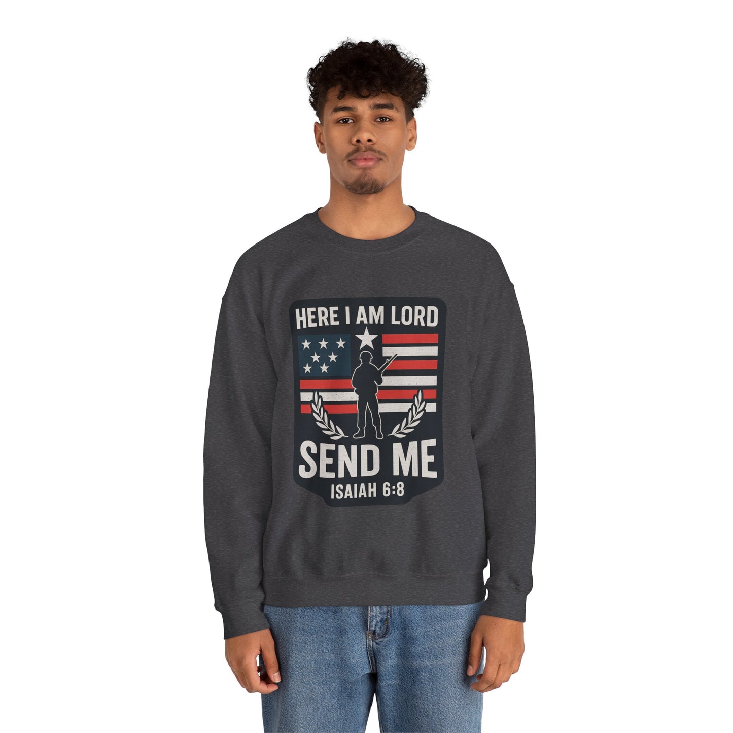 "Here I Am Lord" Isaiah 6:8 Bible Verse Christian Sweatshirt (Soldier Logo)