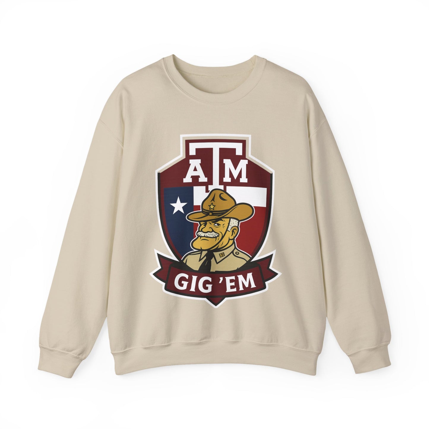 Gig 'Em Aggies Old Sarge Crest Texas A&M Soft Cozy Sweatshirt (Texas Flag Logo 1)