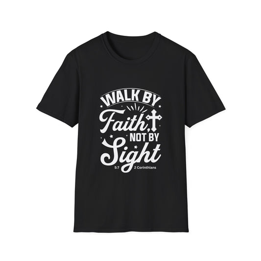 Walk by Faith 2 Corinth. 5:7 Bible Verse Christian Softstyle Tshirt (White Logo)
