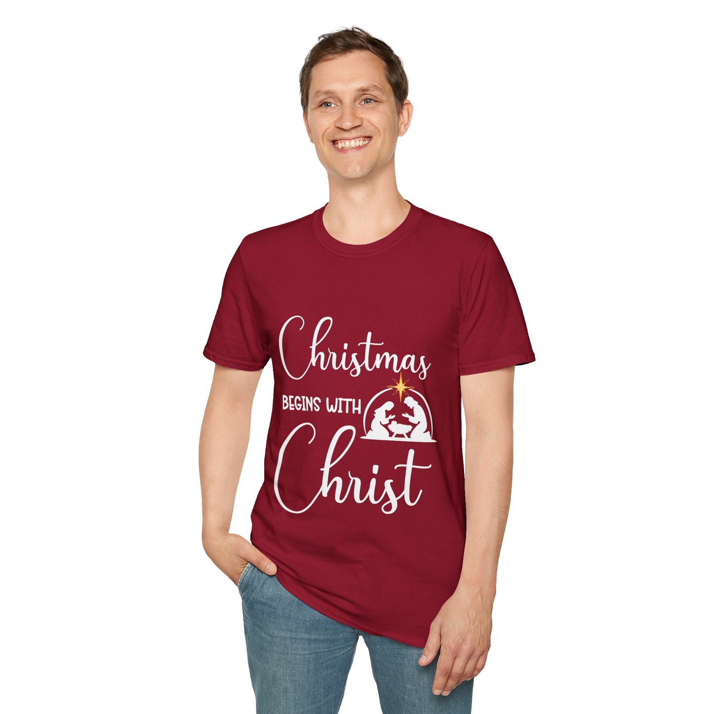 Christmas Begins with Christ Men's Tshirt (White/Gold Logo)