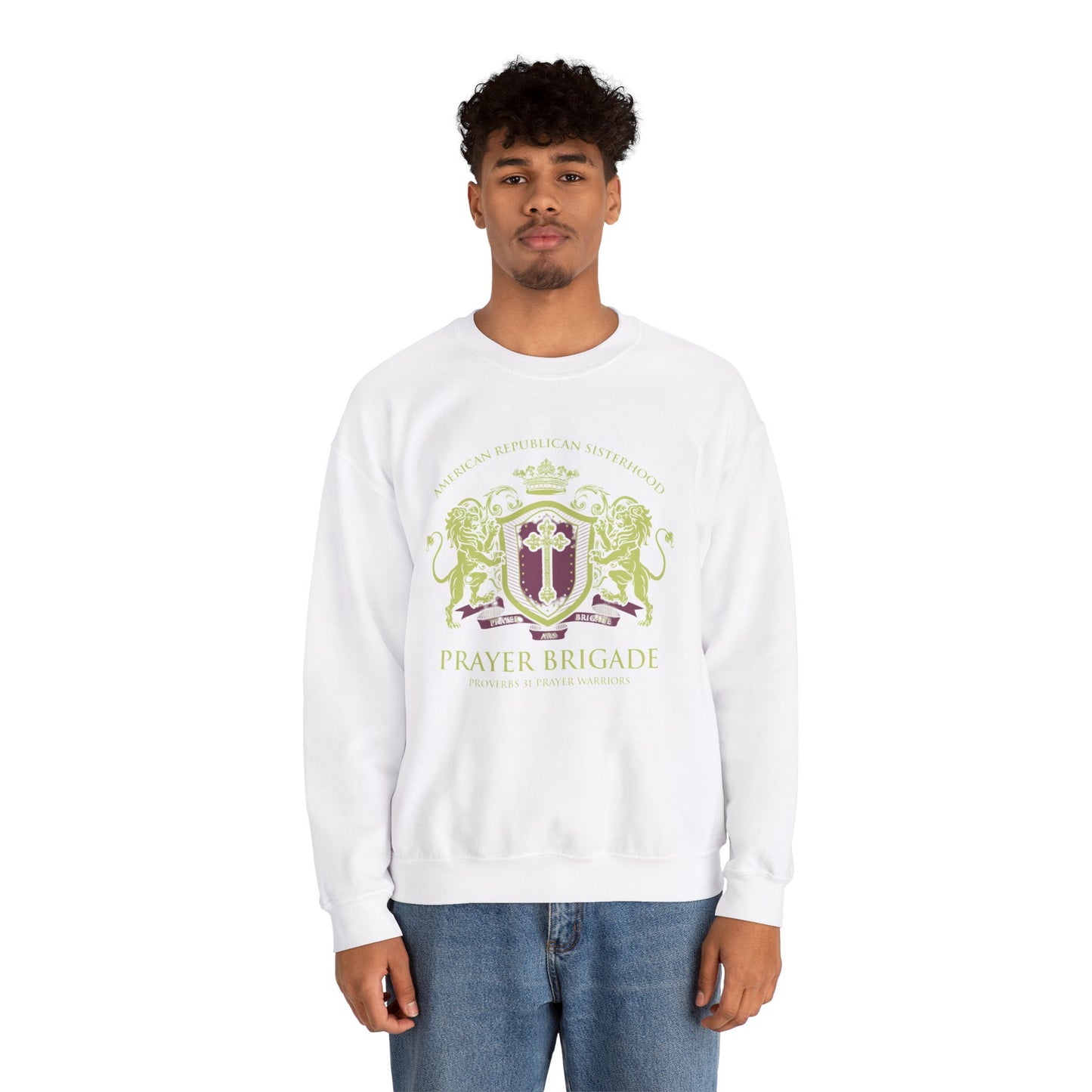 ARS Prayer Brigade Unisex Sweatshirt (White with Green/Purple Logo)
