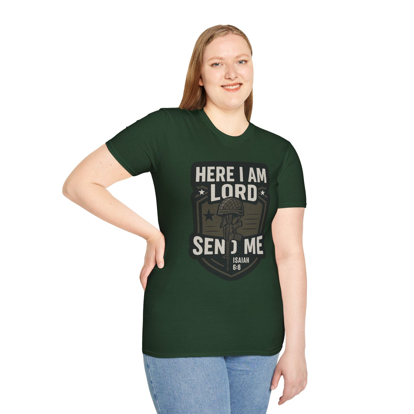 "Here I Am Lord Send Me" Bible Verse Inspirational Faith T-Shirt (Military Logo)