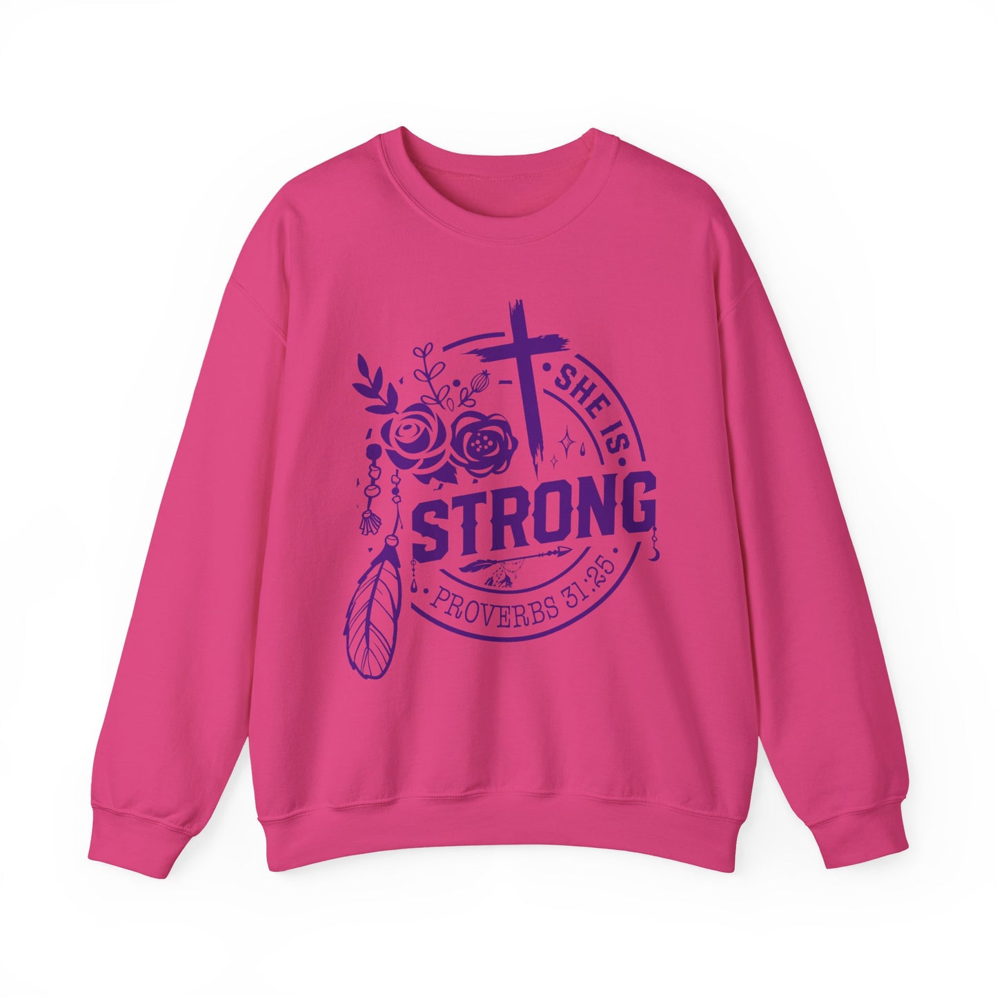 "She is Strong" Proverbs 31:25 Bible Verse Women's Sweatshirt (Plum Logo)