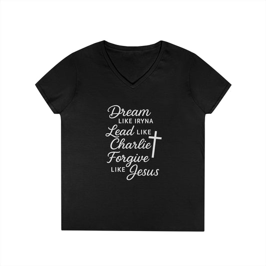 Dream, Lead, Forgive Women's V-neck Semi-fitted Tshirt (White Logo)