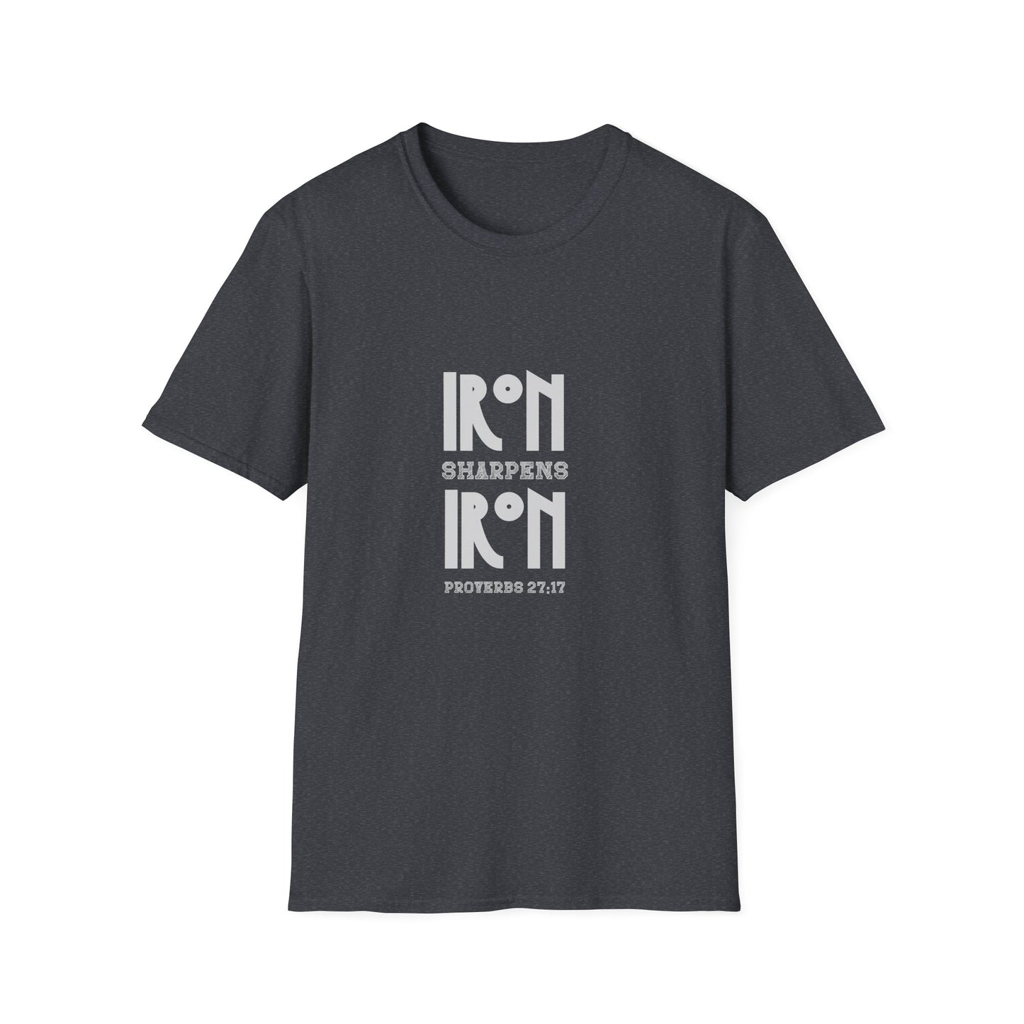 "Iron Sharpens Iron" Bible Verse Christian Inspirational Softstyle Tshirt (Gray Logo)