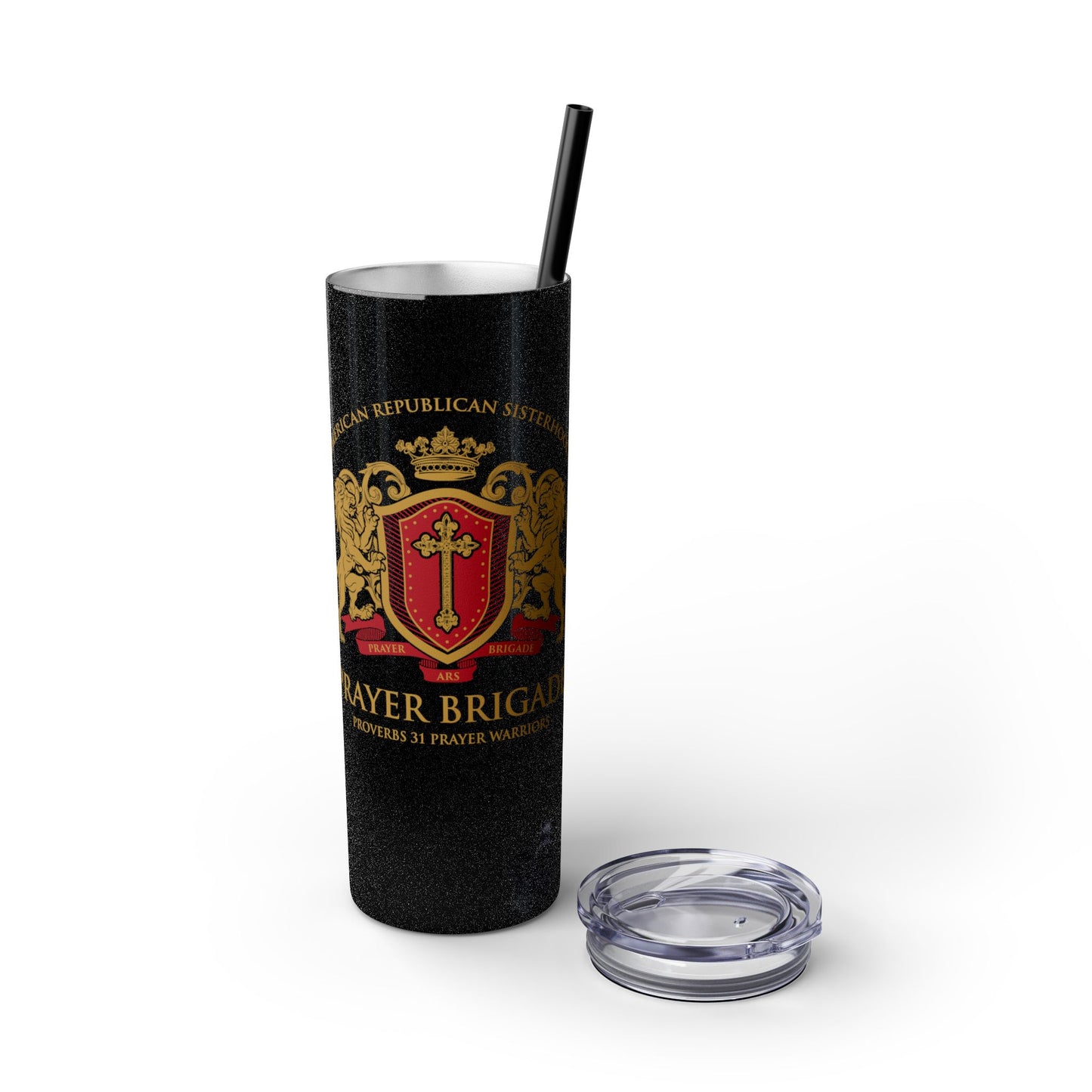 ARS Prayer Brigade Skinny Tumbler with Straw (20oz Glitter Black with Gold/Red Logo)
