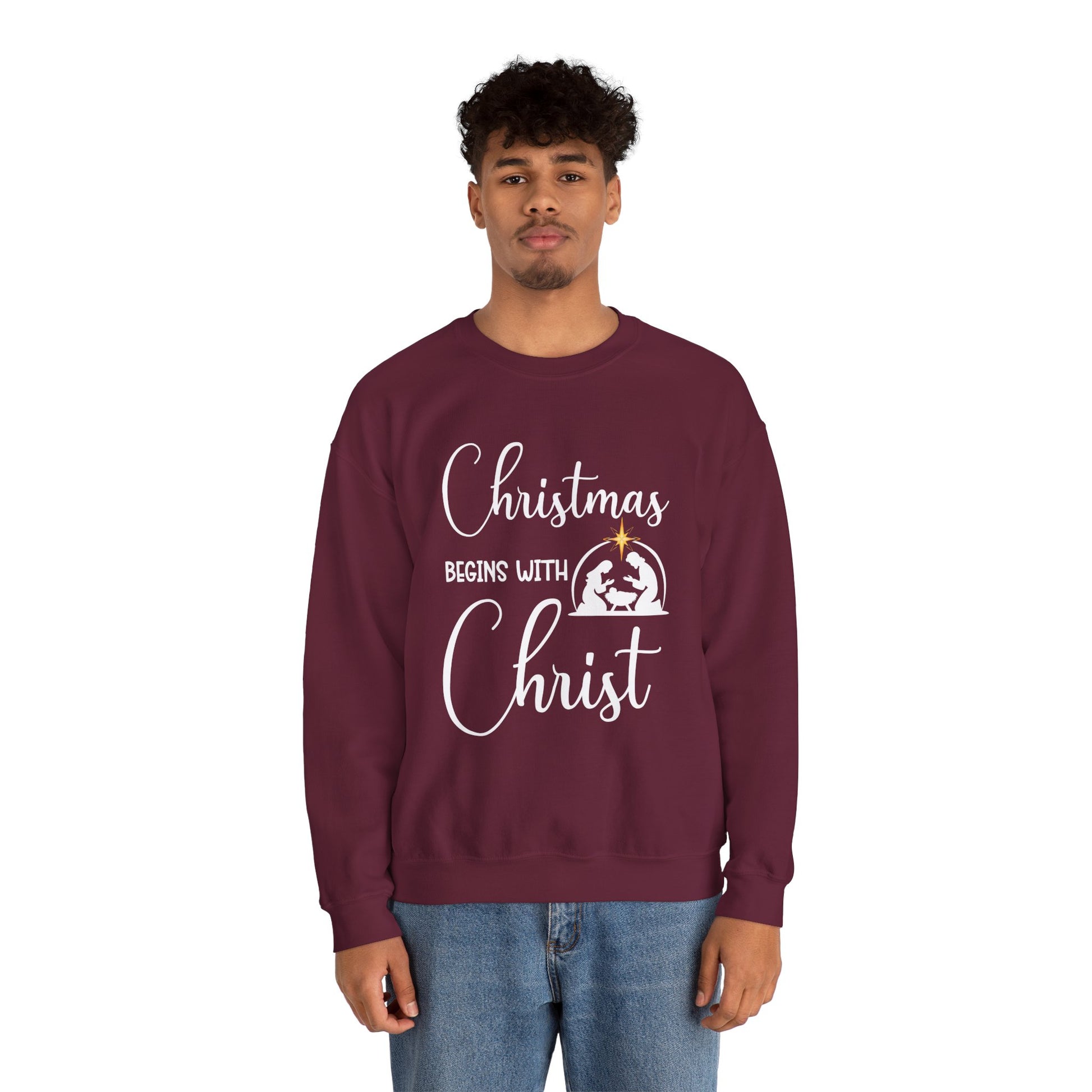 Christmas Begins with Christ Heavy Crewneck Sweatshirt (White/Gold Logo) - Sweet Baby Jeez Teez